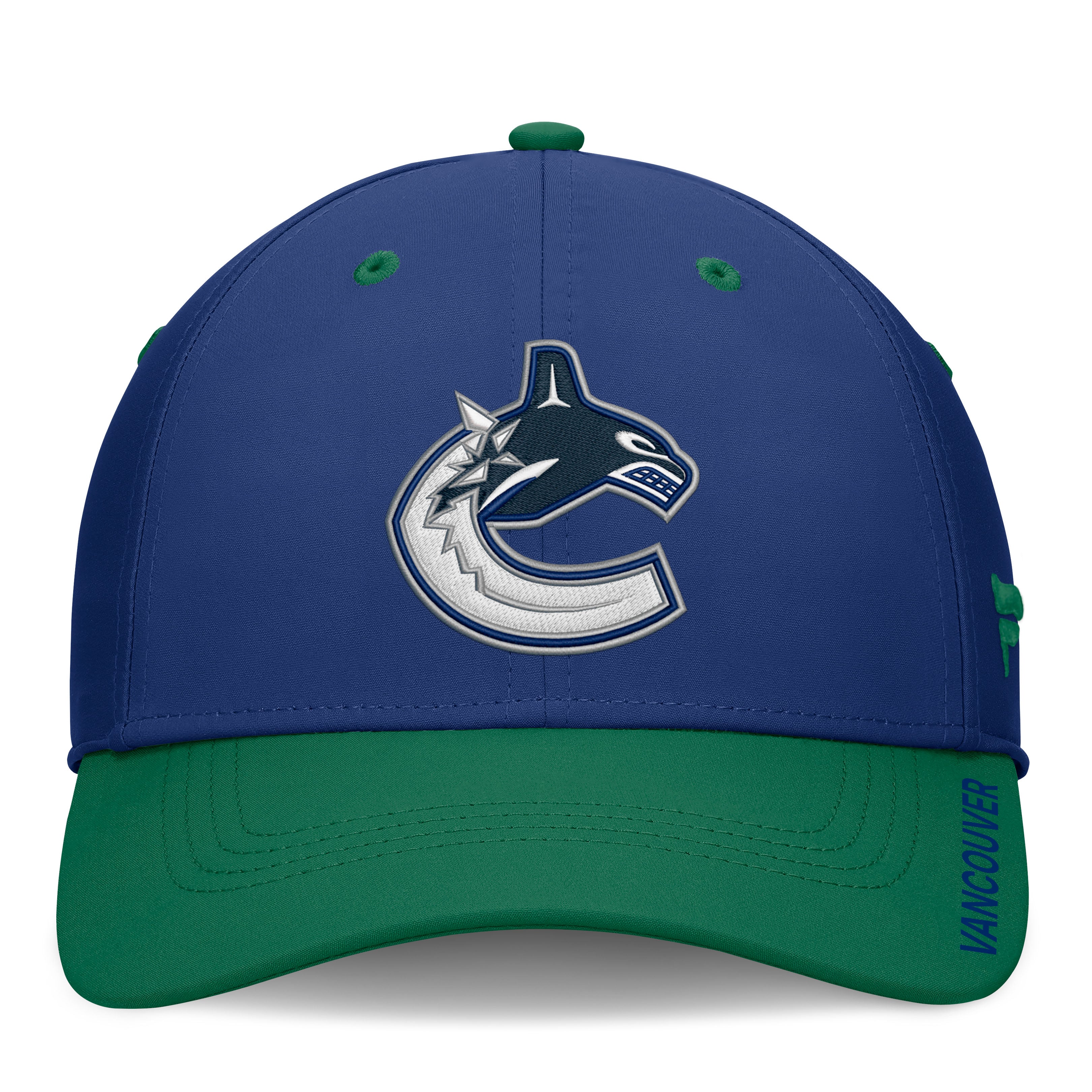Casquette extensible authentique Pro Rink Fanatics bleue/verte pour homme des Canucks de Vancouver