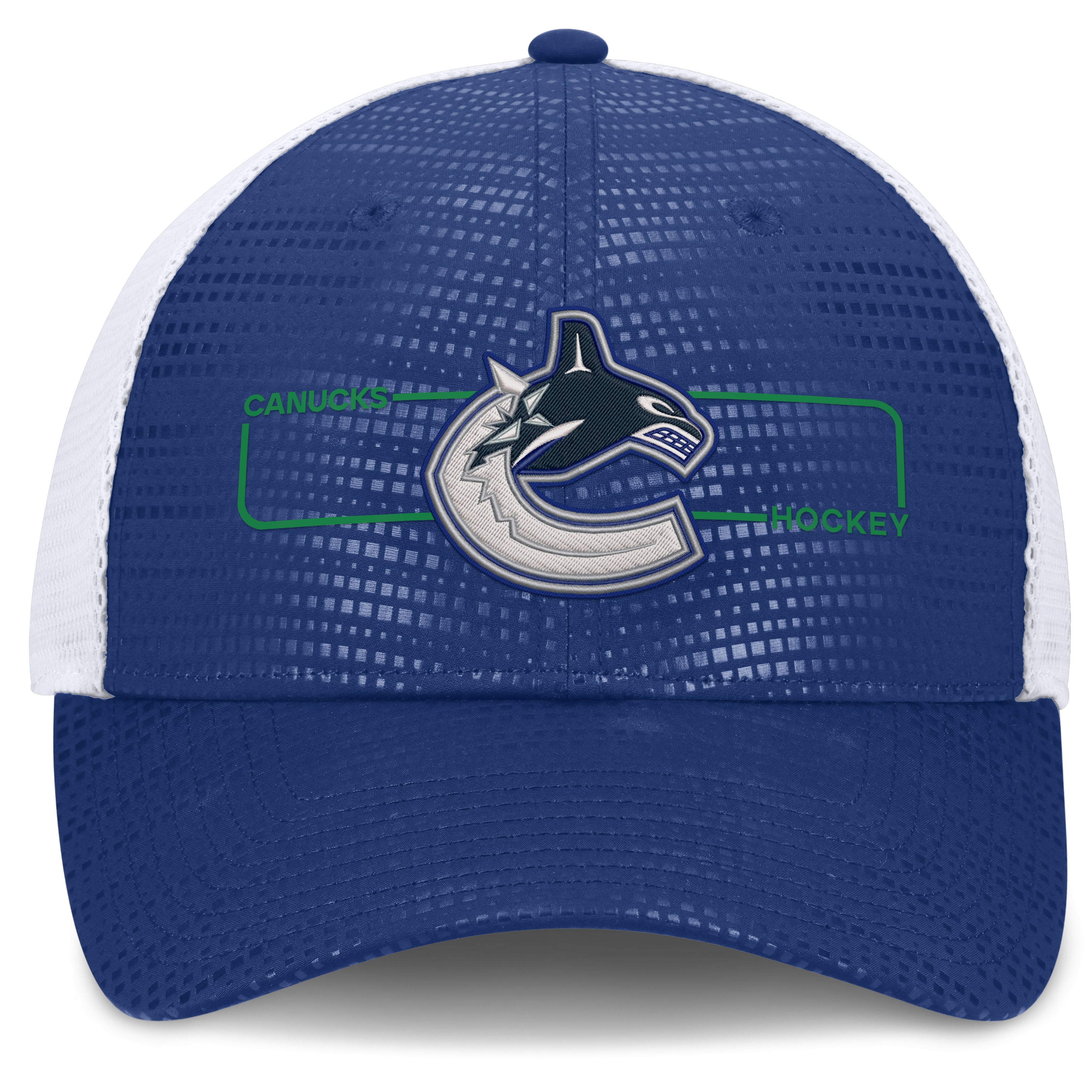 Men's Fanatics Blue/White Vancouver Canucks Authentic Pro Rink Boxed Logo Trucker Hat