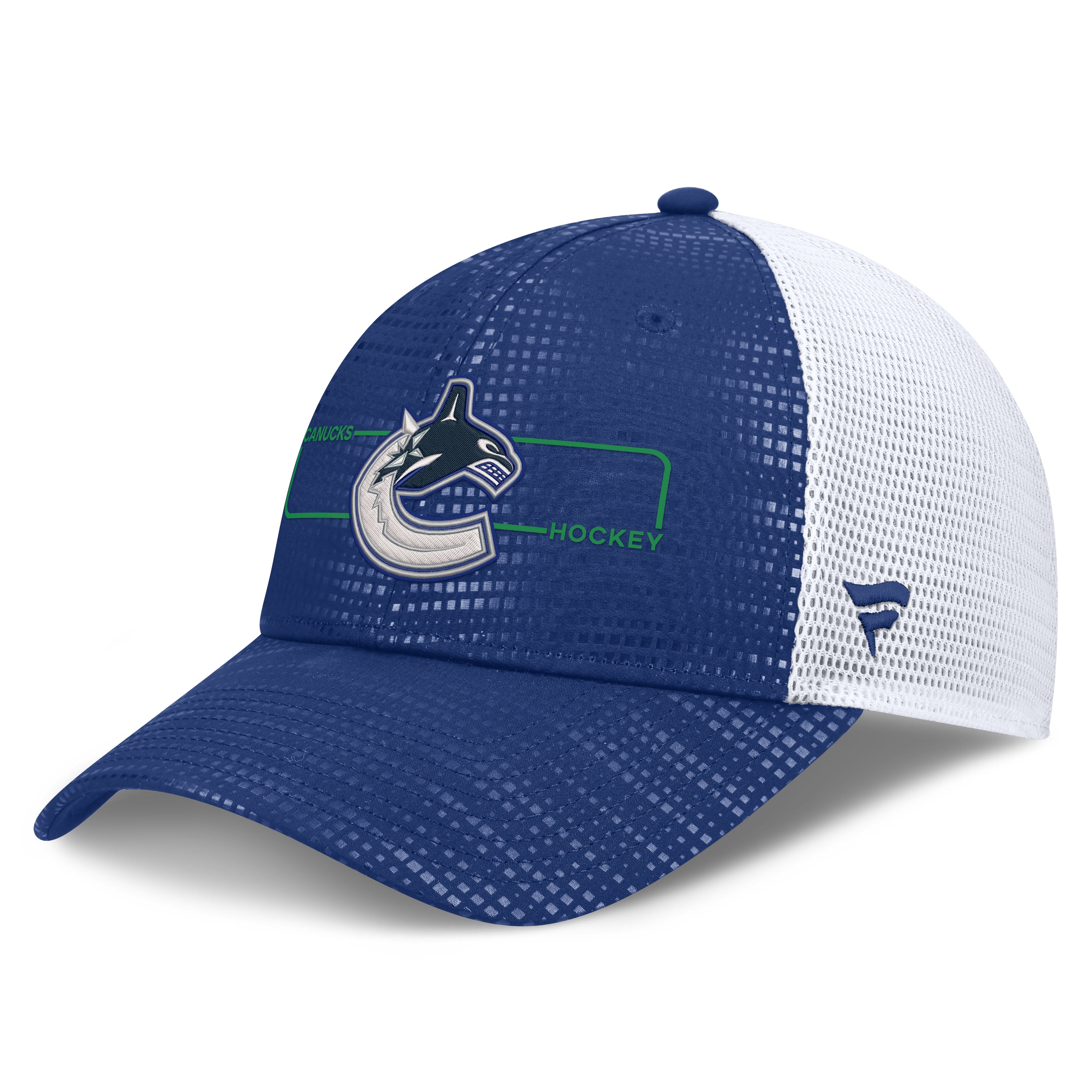 Men's Fanatics Blue/White Vancouver Canucks Authentic Pro Rink Boxed Logo Trucker Hat