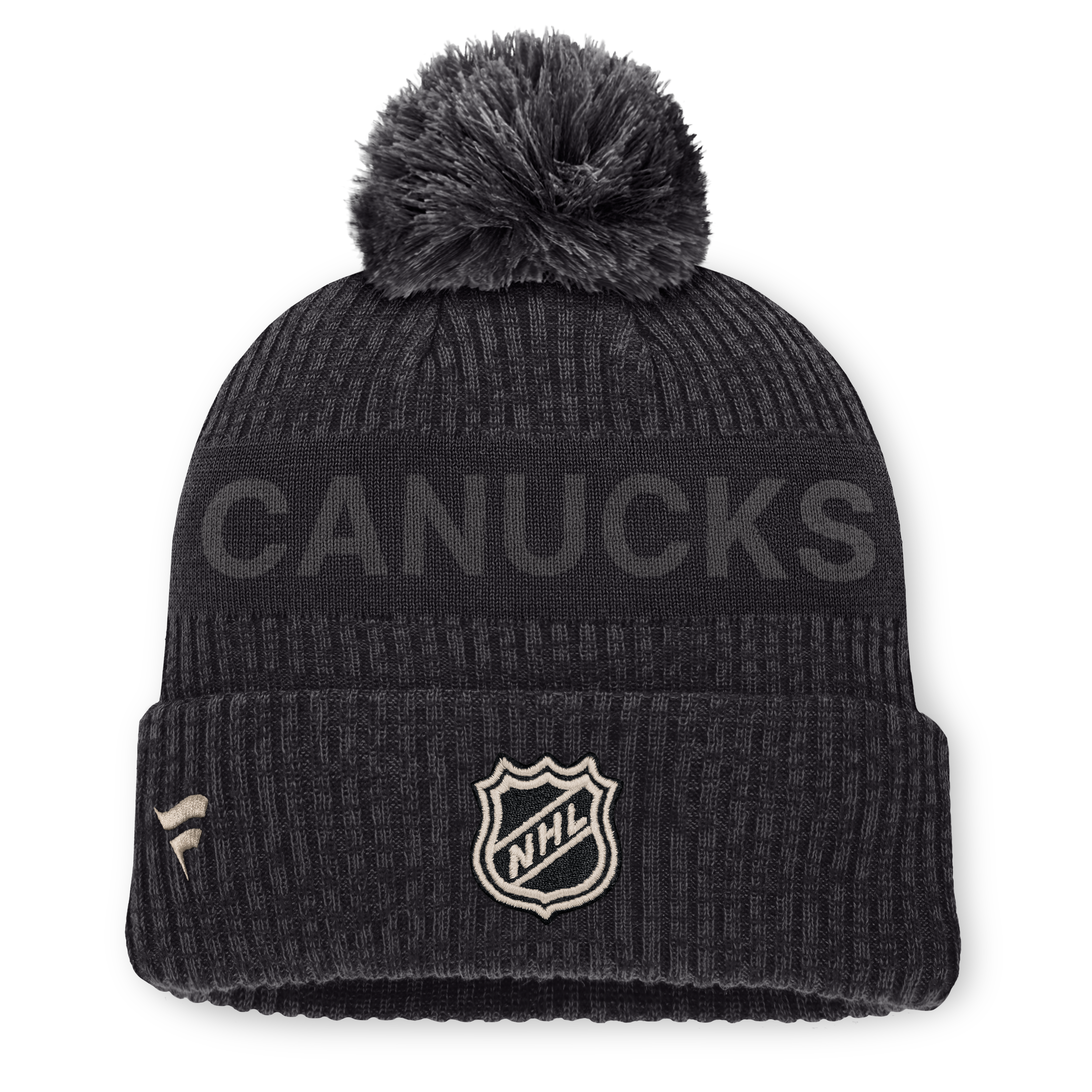 Bonnet authentique Vancouver Canucks Pro Road pour homme, couleur anthracite/noir, avec pompon.