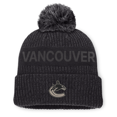 Men's Vancouver Canucks Fanatics Charcoal/Black Authentic Pro Road Cuffed Knit Hat with Pom