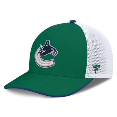 Men's Vancouver Canucks Fanatics Green/White Authentic Pro Rink Mid-Crown Adjustable Trucker Hat