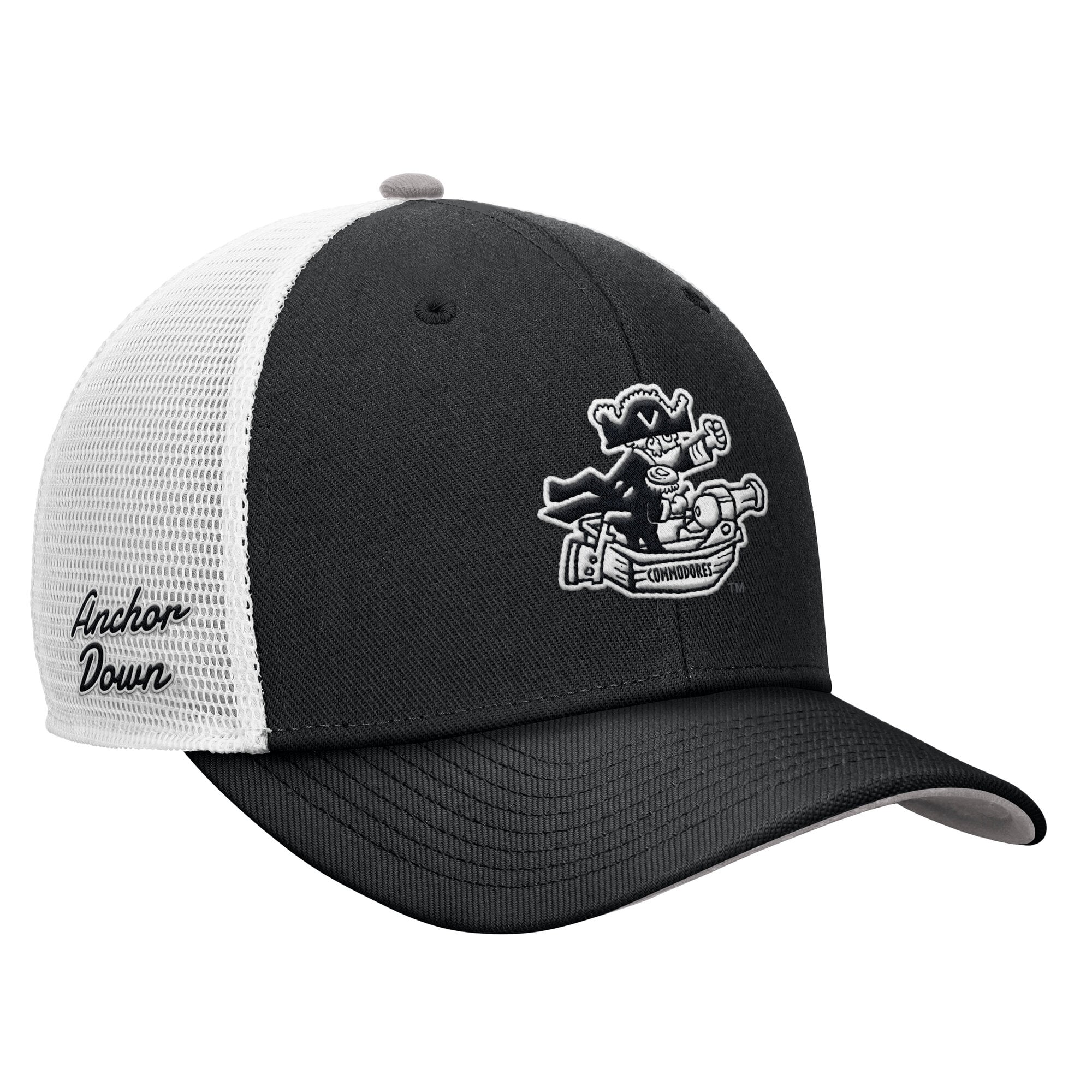 Casquette trucker ajustable Nike noire pour homme, modèle Legacy Mascot des Vanderbilt Commodores.