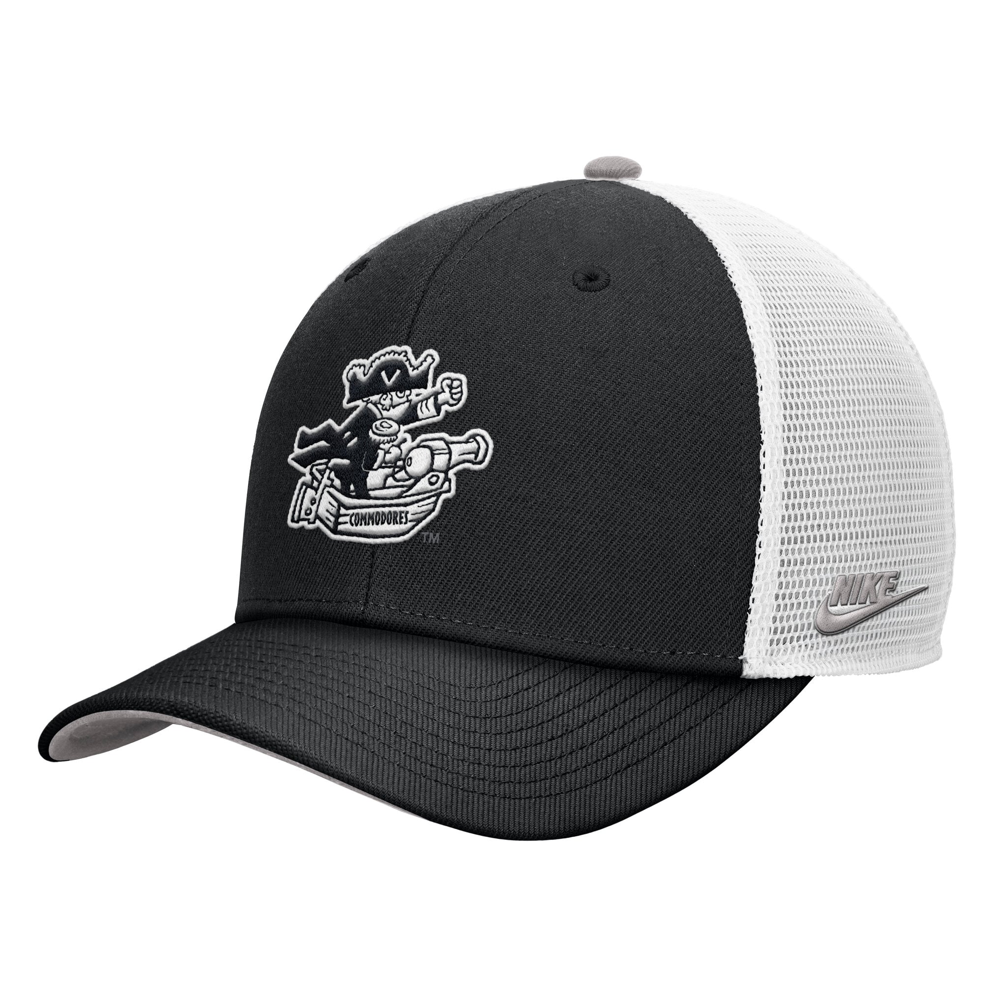 Casquette trucker ajustable Nike noire pour homme, modèle Legacy Mascot des Vanderbilt Commodores.