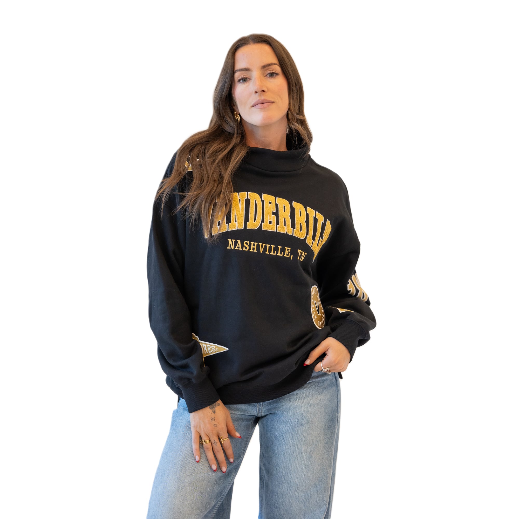 Sweat-shirt à col montant noir écusson des Commodores de Vanderbilt pour femmes, idéal les jours match
