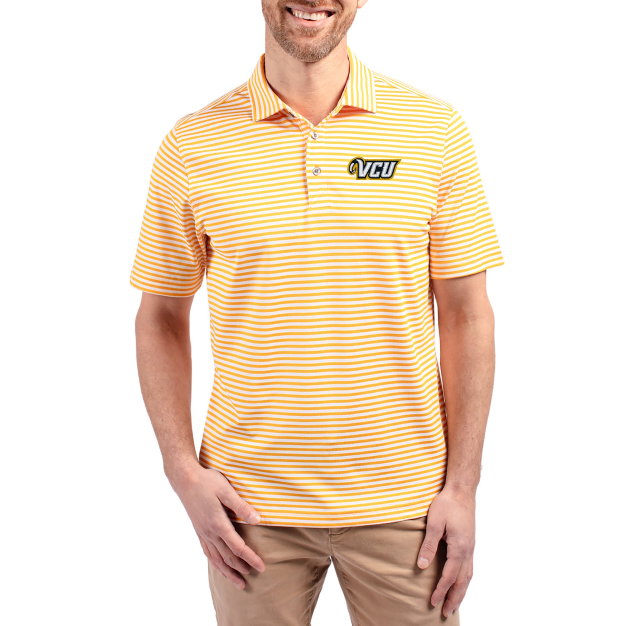 Men's Cutter & Buck Gold VCU Rams Virtue Eco Pique Stripe Recycled ...