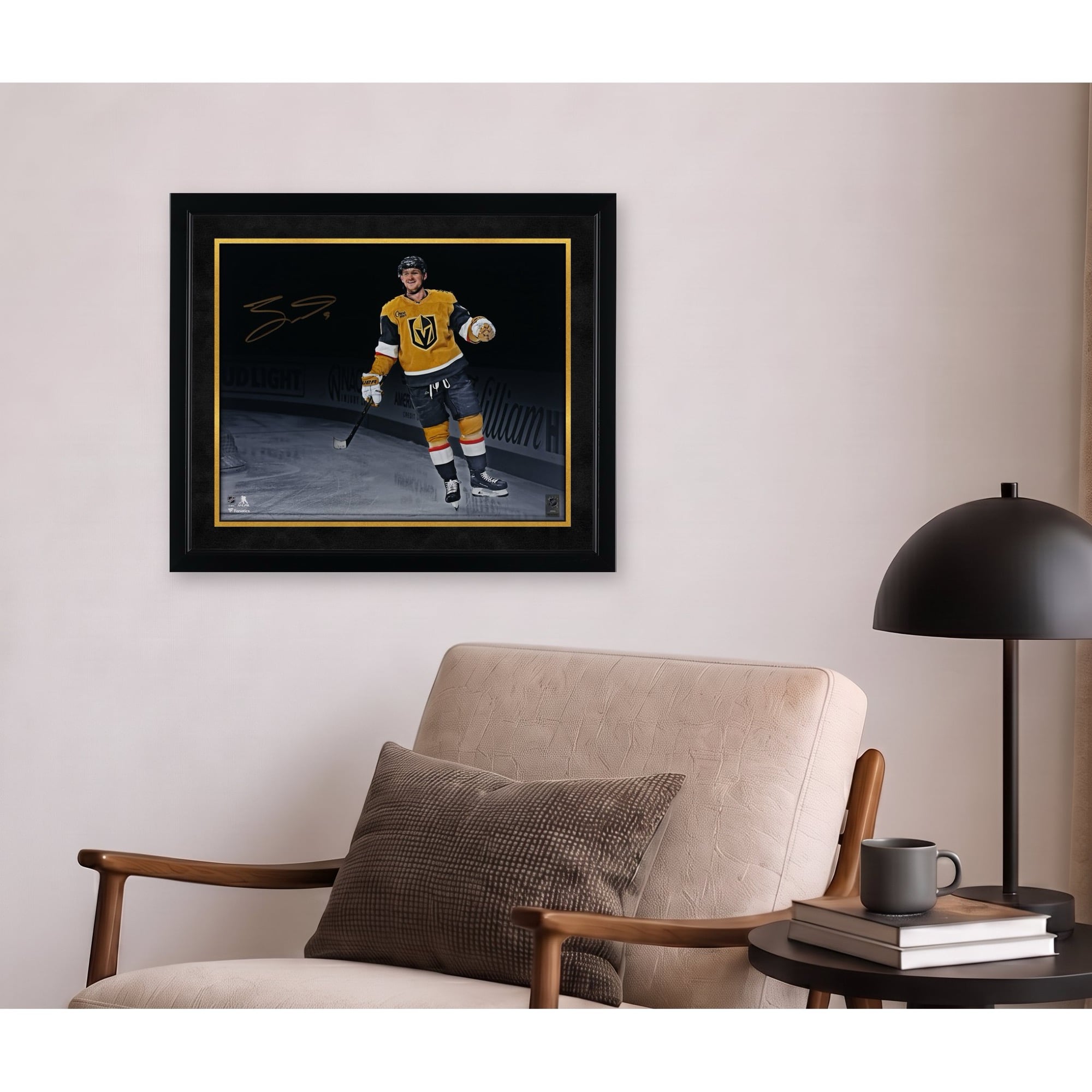 Jack Eichel Vegas Golden Knights Autographed 16" x 20" Gold Jersey Celebration Spotlight Photograph
