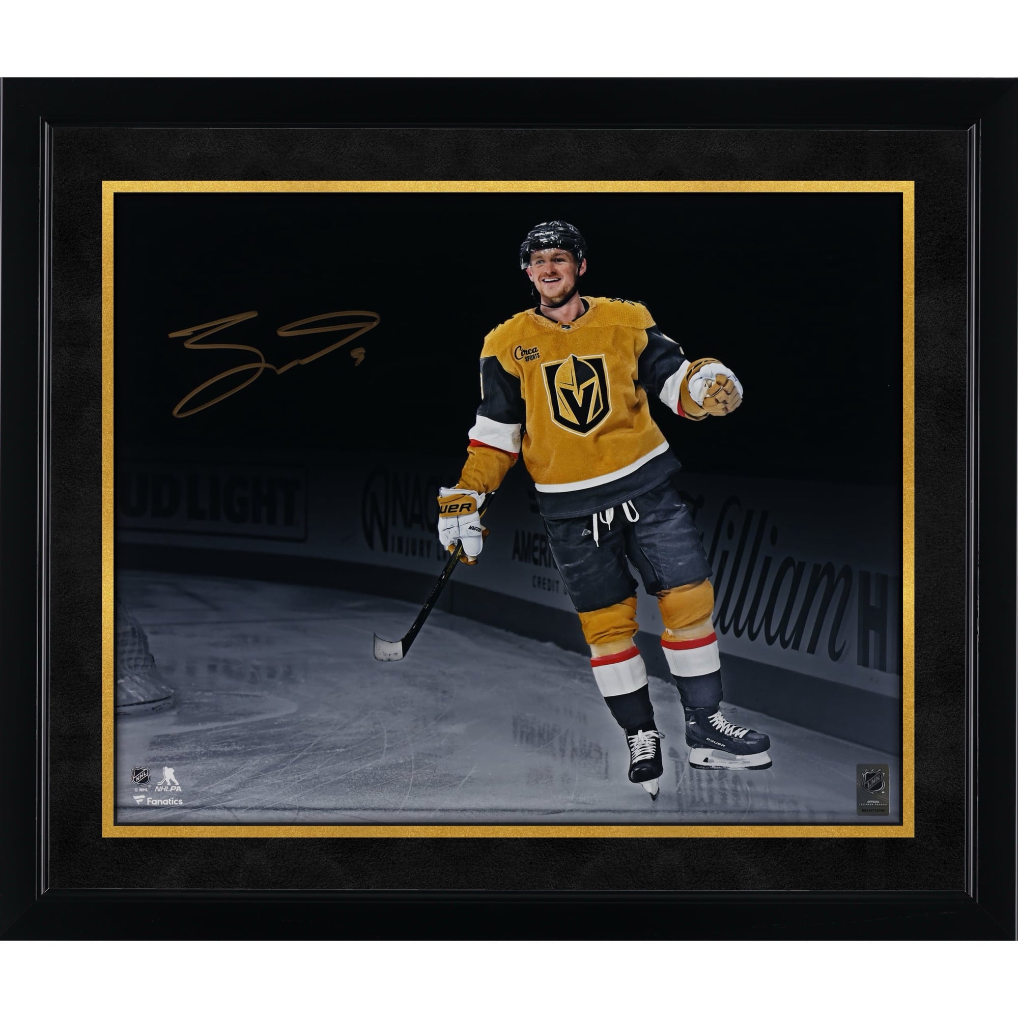 Jack Eichel Vegas Golden Knights Autographed 16" x 20" Gold Jersey Celebration Spotlight Photograph