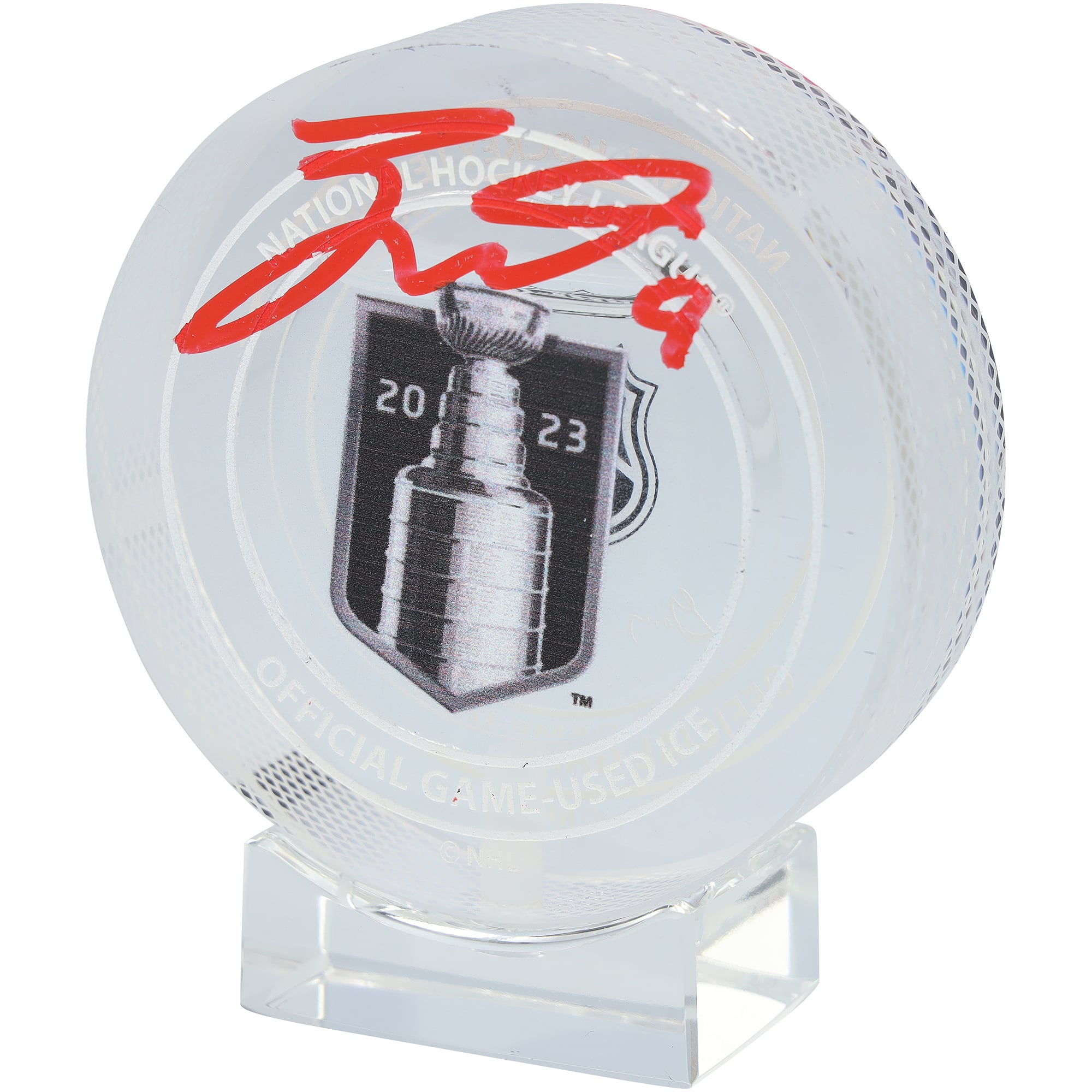 Rondelle de cristal autographiée par Jack Eichel, des Golden Knights de Vegas, champions de la Coupe Stanley 2023 - Remplie de glace de la finale de la Coupe Stanley 2023