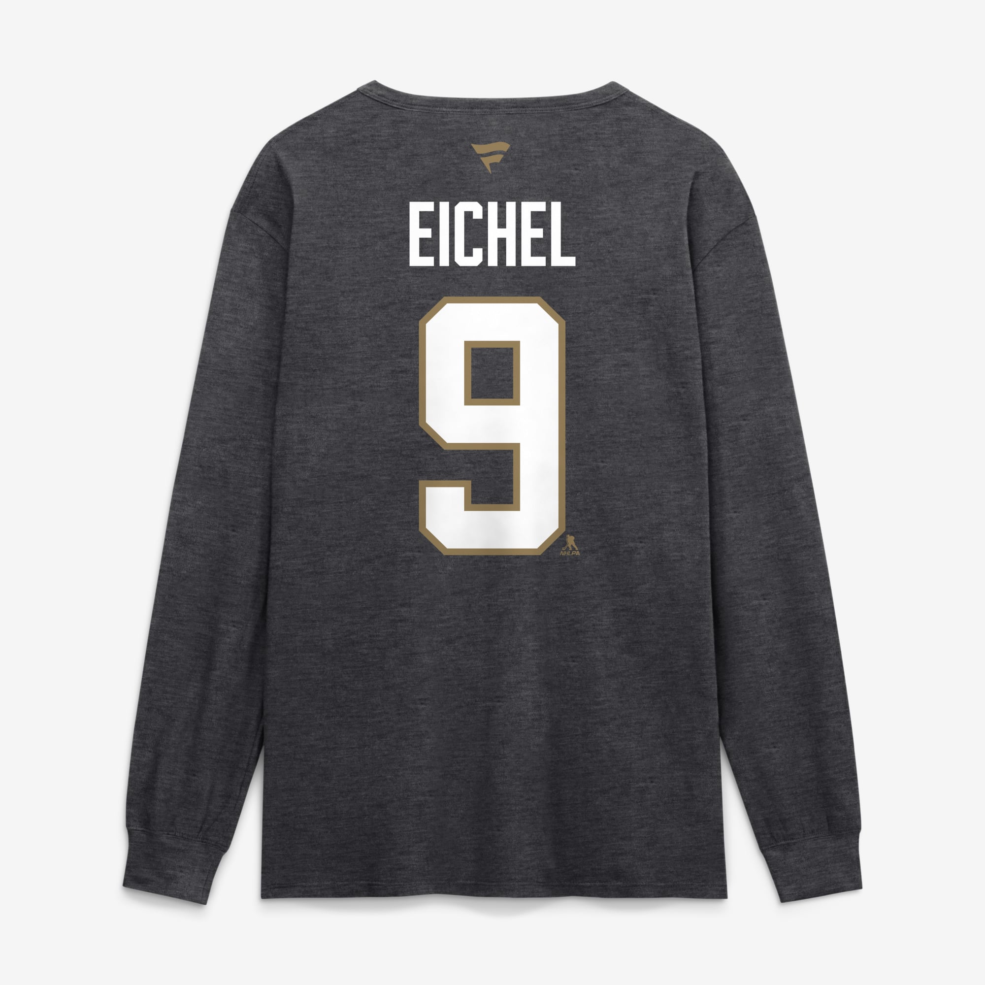 T-shirt à manches longues authentique Jack Eichel Vegas Golden Knights, couleur anthracite, avec nom et numéro, de la marque Fanatics.