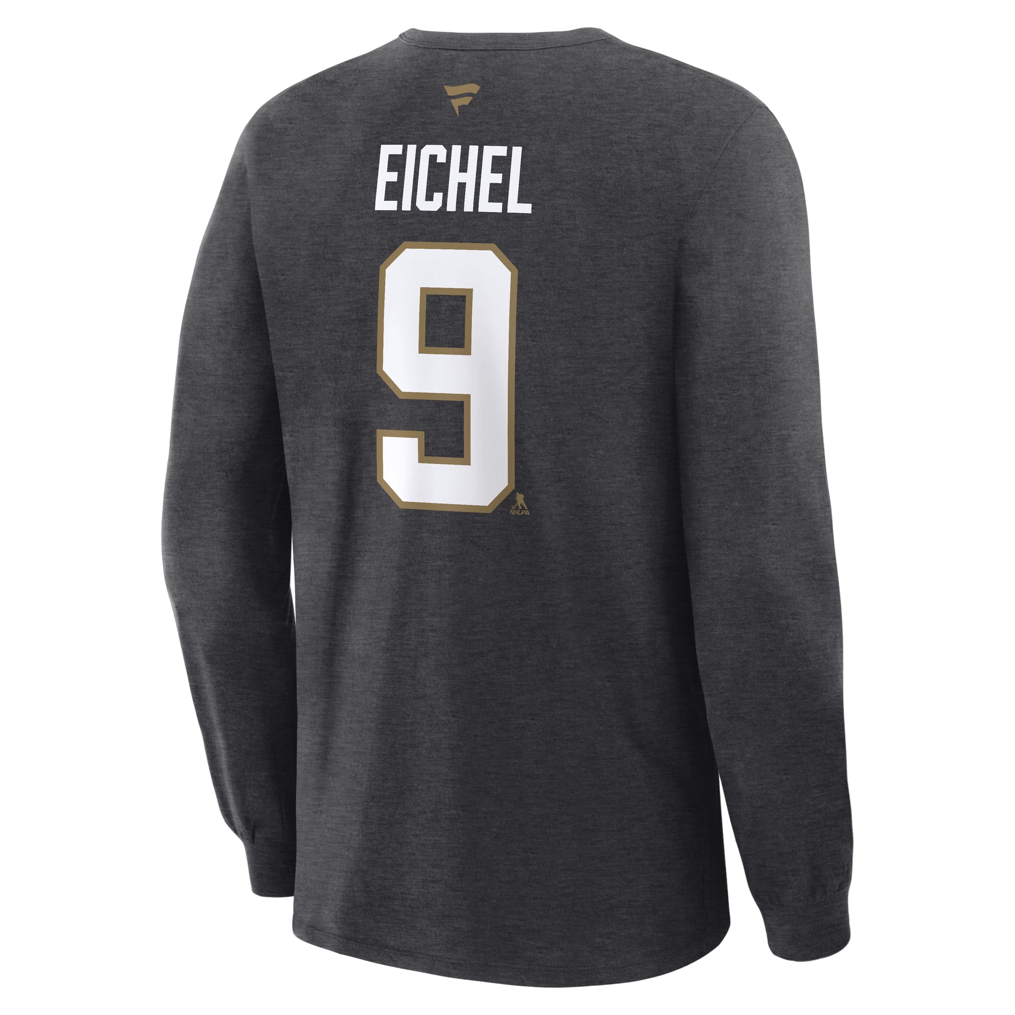 T-shirt à manches longues authentique Jack Eichel Vegas Golden Knights, couleur anthracite, avec nom et numéro, de la marque Fanatics.