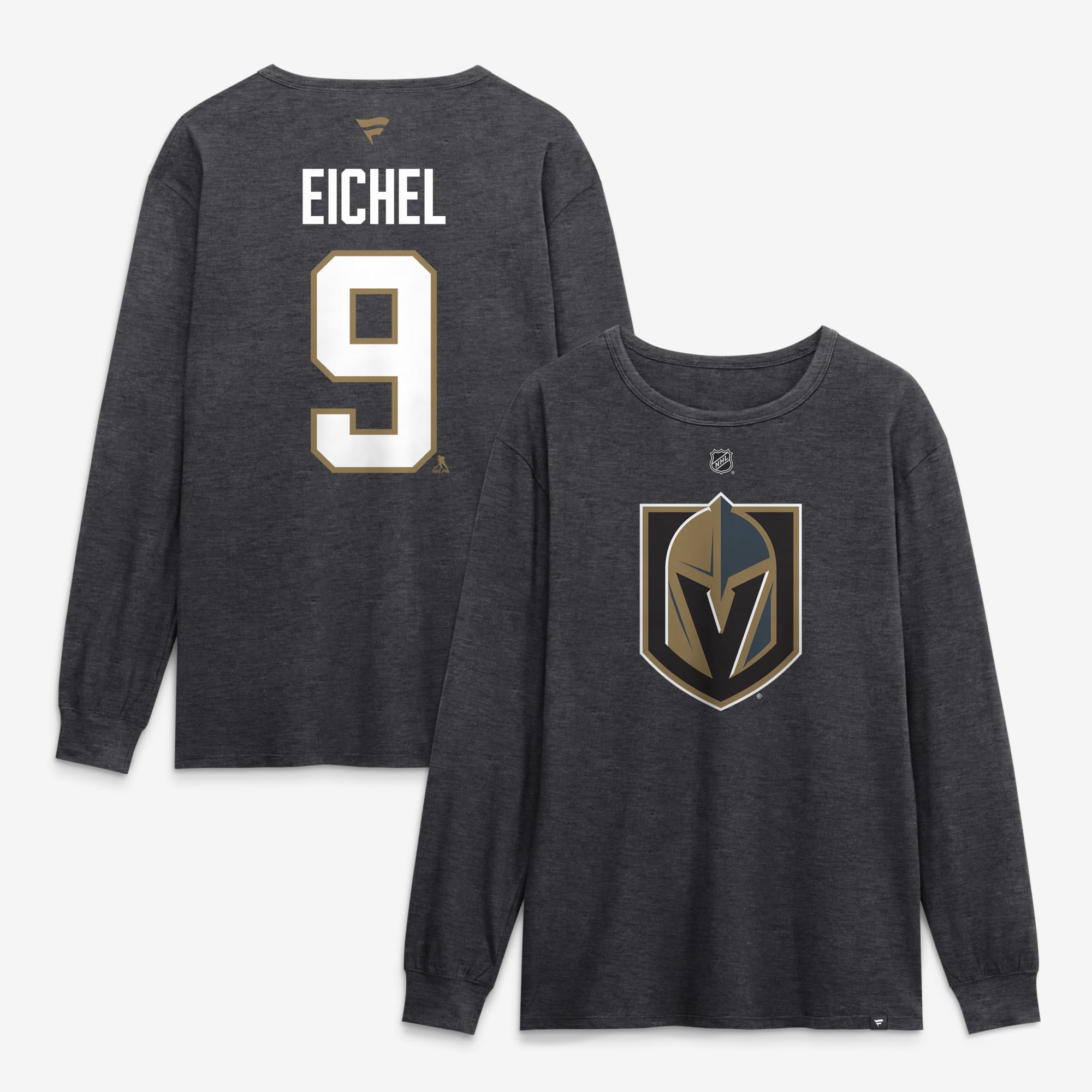 T-shirt à manches longues authentique Jack Eichel Vegas Golden Knights, couleur anthracite, avec nom et numéro, de la marque Fanatics.