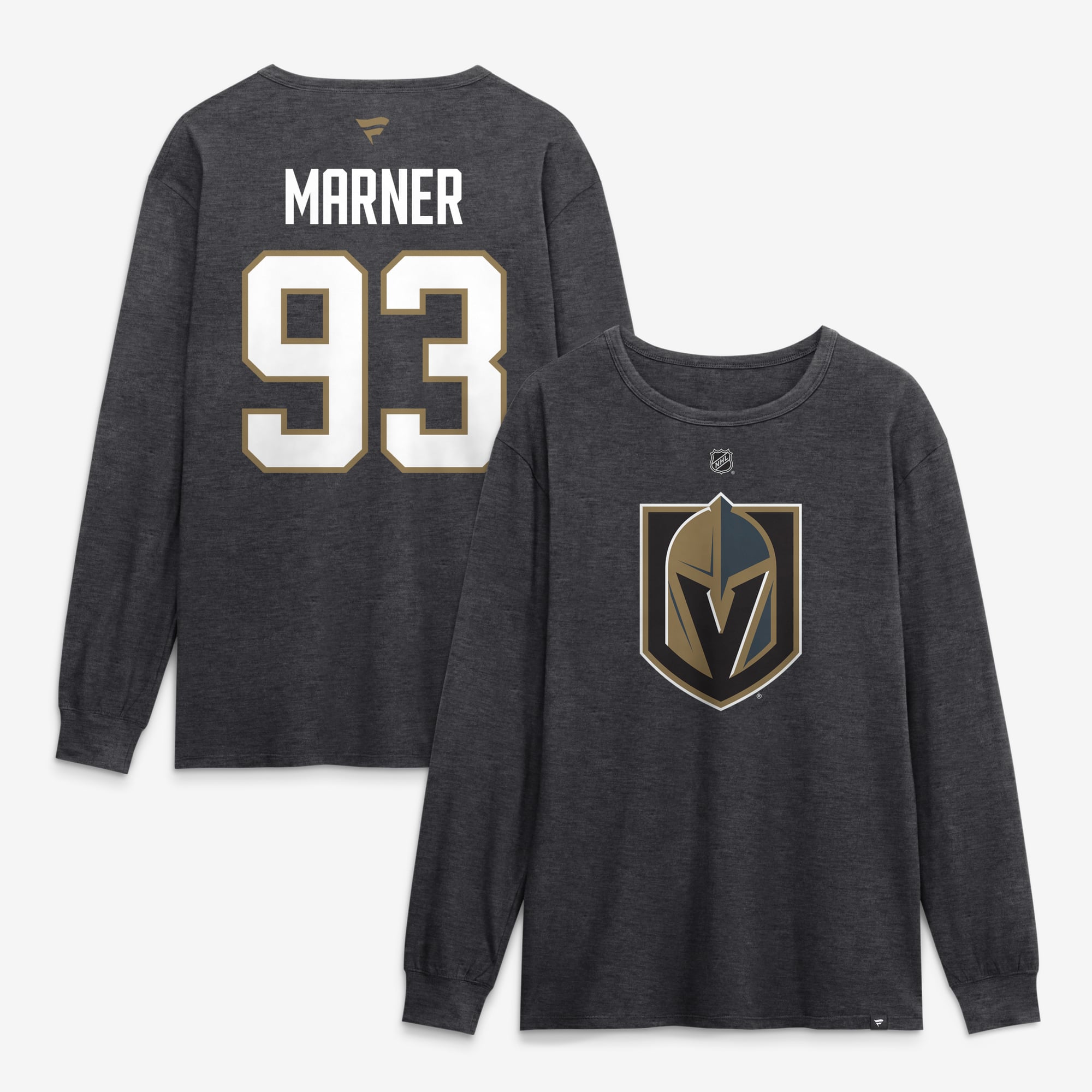 T-shirt à manches longues authentique Fanatics Mitch Marner Vegas Golden Knights couleur anthracite, avec nom et numéro.