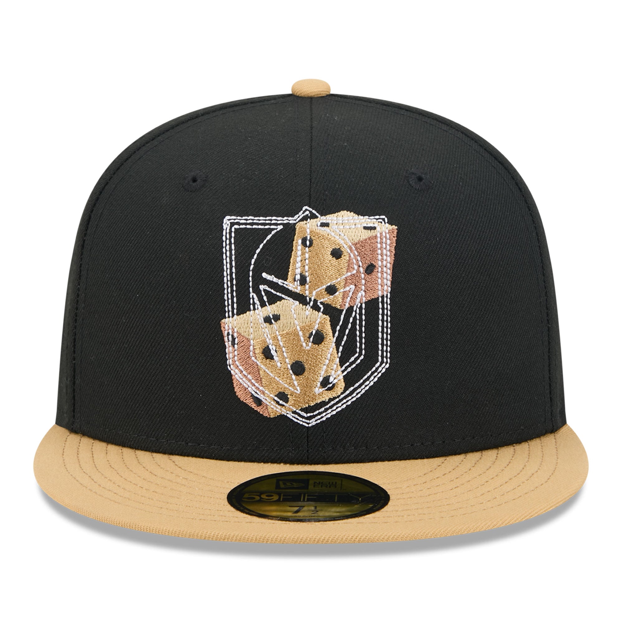 Casquette ajustée New Era 59FIFTY pour homme, noire et or, logo des Golden Knights de Vegas, surpiqûres décoratives.