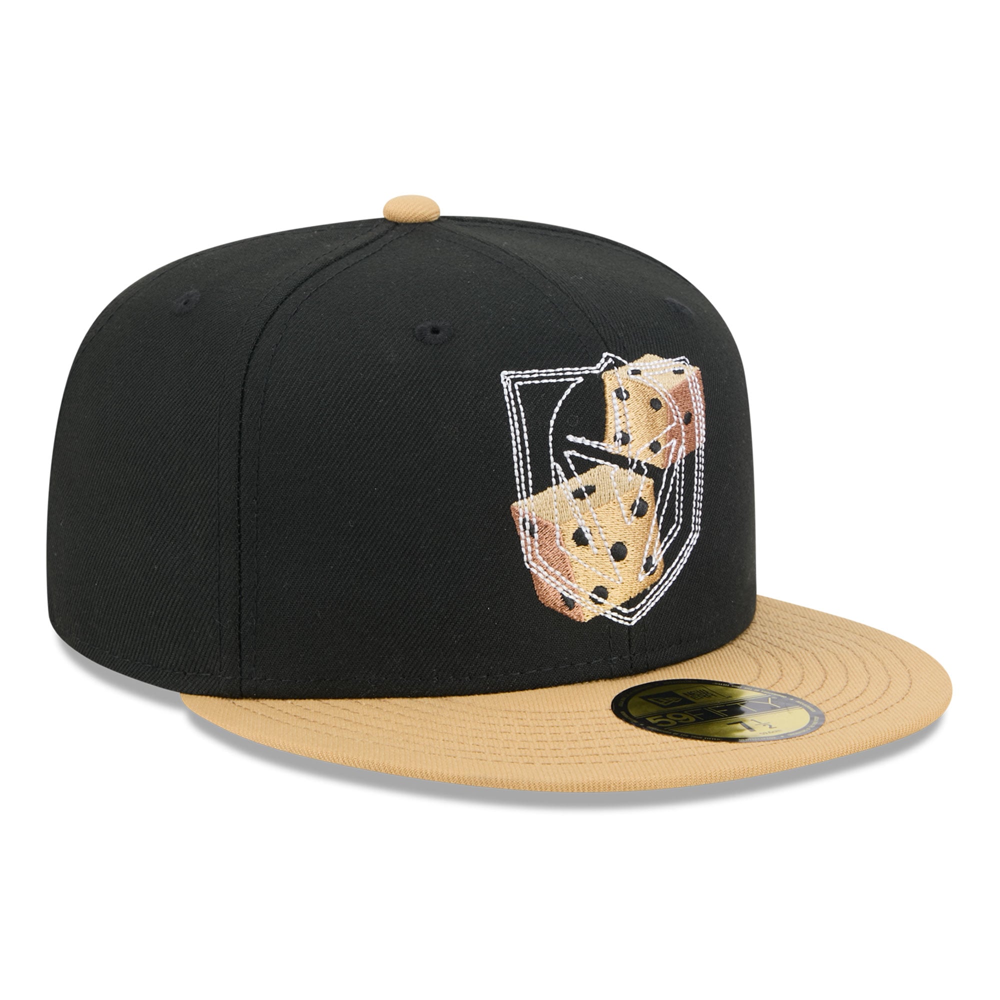 Casquette ajustée New Era 59FIFTY pour homme, noire et or, logo des Golden Knights de Vegas, surpiqûres décoratives.