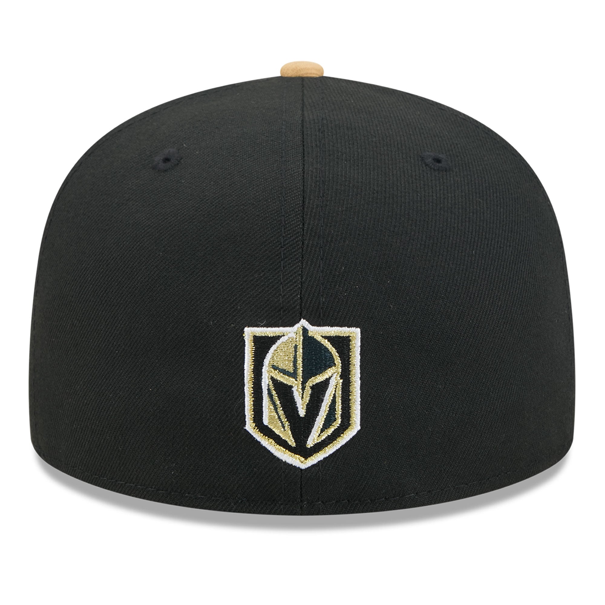 Casquette ajustée New Era 59FIFTY pour homme, noire et or, logo des Golden Knights de Vegas, surpiqûres décoratives.