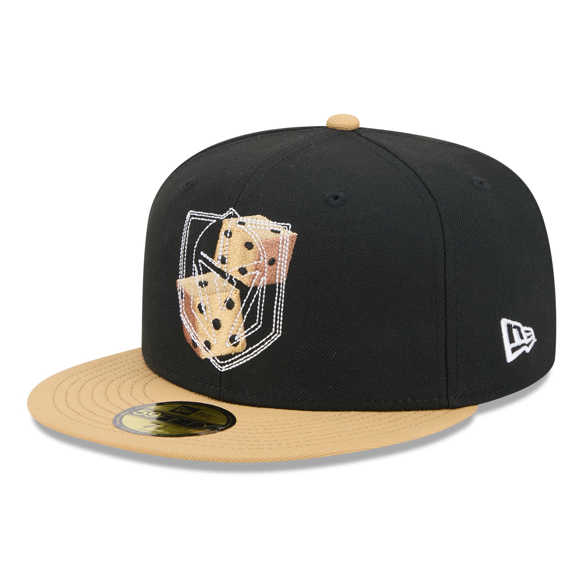 Casquette ajustée New Era 59FIFTY pour homme, noire et or, logo des Golden Knights de Vegas, surpiqûres décoratives.