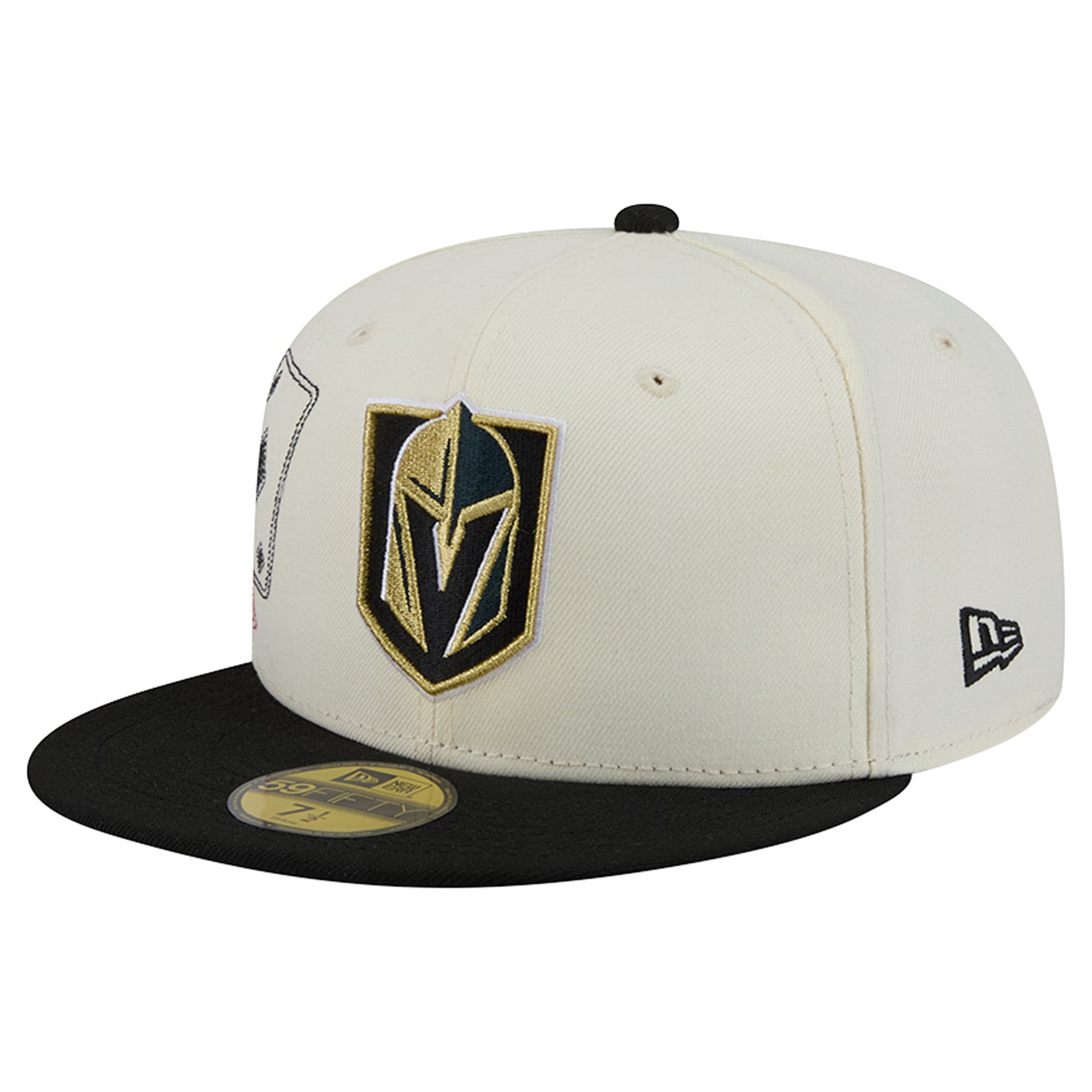 Casquette ajustée New Era 59FIFTY pour homme, couleur crème/gris anthracite, modèle Vegas Golden Knights, avec coutures personnalisées.