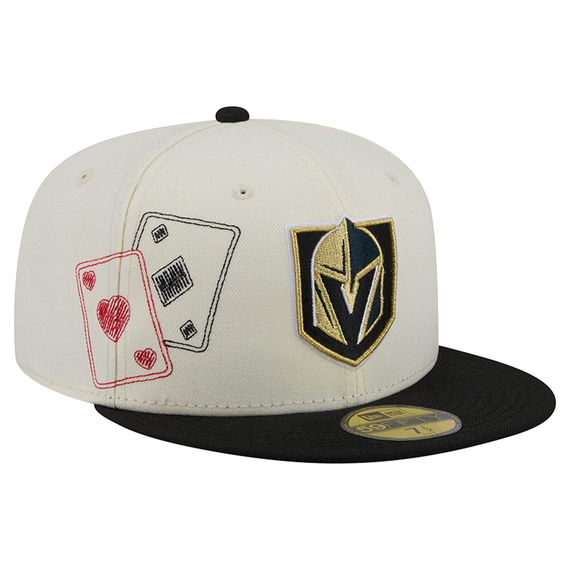 Casquette ajustée New Era 59FIFTY pour homme, couleur crème/gris anthracite, modèle Vegas Golden Knights, avec coutures personnalisées.