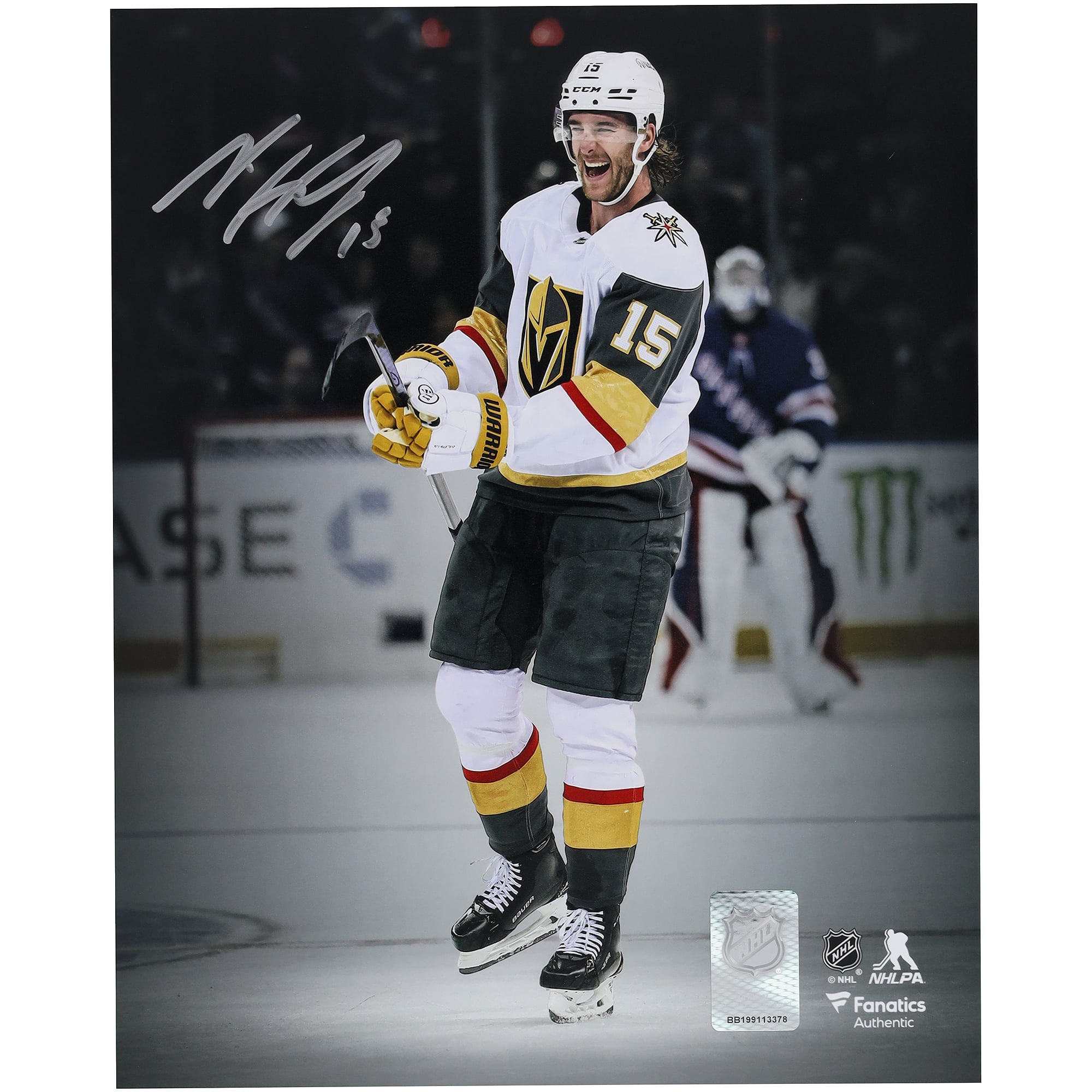 Noah Hanifin Vegas Golden Knights Autographed 8" x 10" White Jersey Celebration Spotlight Photograph