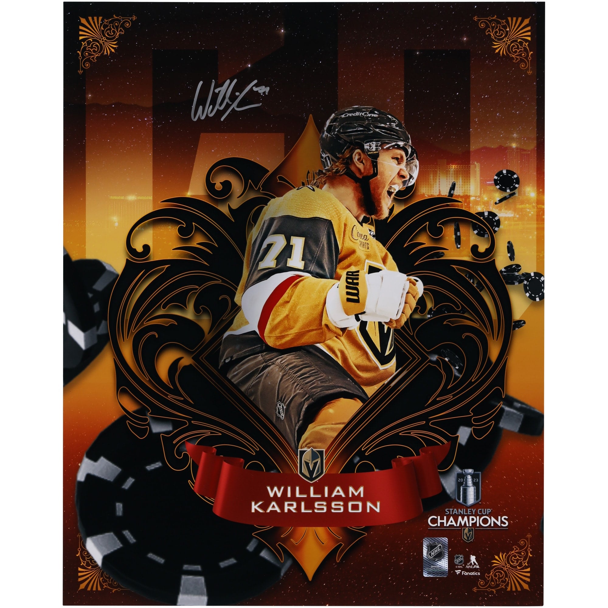 Photo dédicacée de William Karlsson, joueur des Golden Knights de Vegas, champions de la Coupe Stanley 2023 (40,6 x 50,8 cm), extraite du panneau « Misfits ».