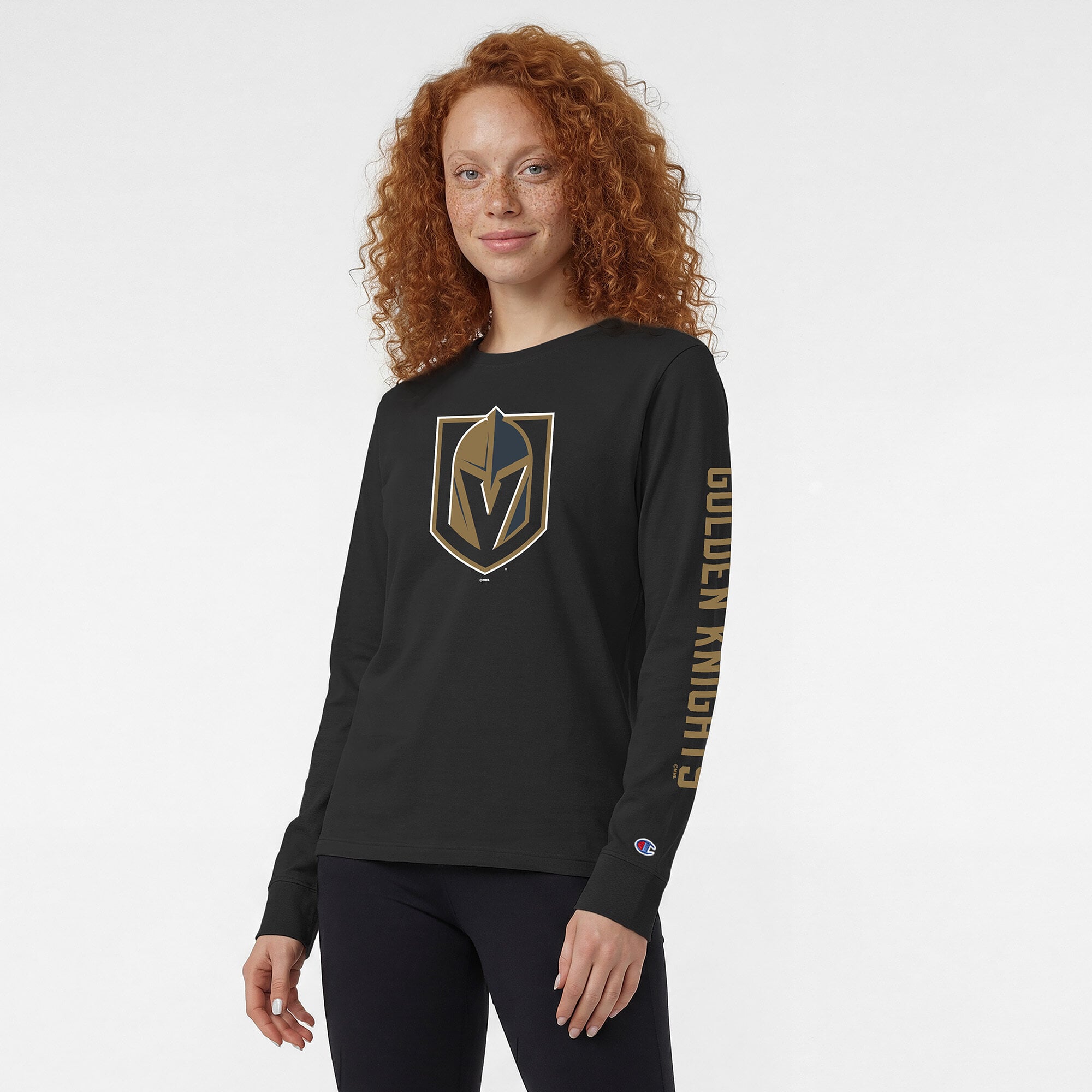 T-shirt à manches longues noir champion pour femmes, logo de l'équipe des Golden Knights Vegas
