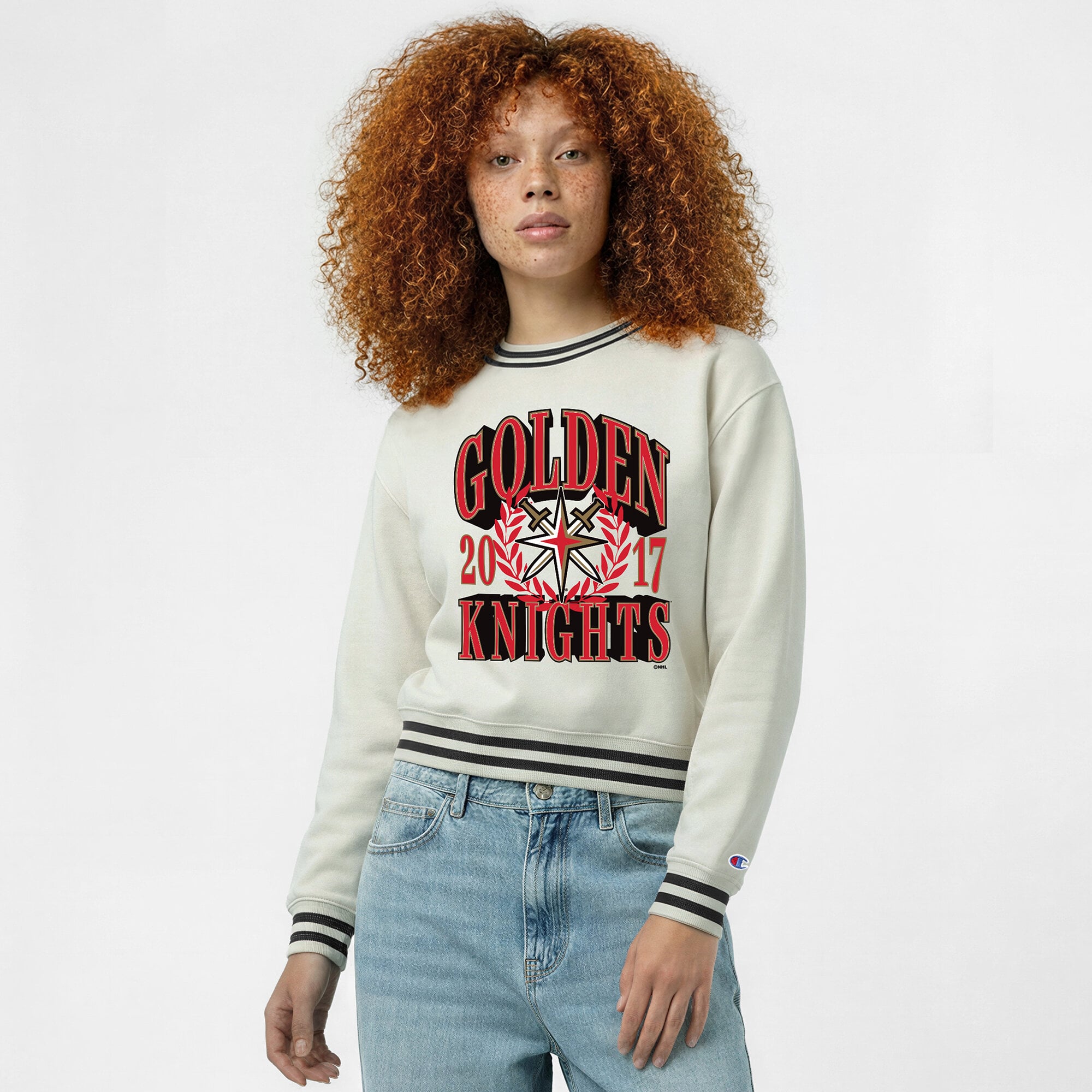 Sweat-shirt Champion Cream Vegas Golden Knights Bold Laurels pour femme, en fil tissé inversé.