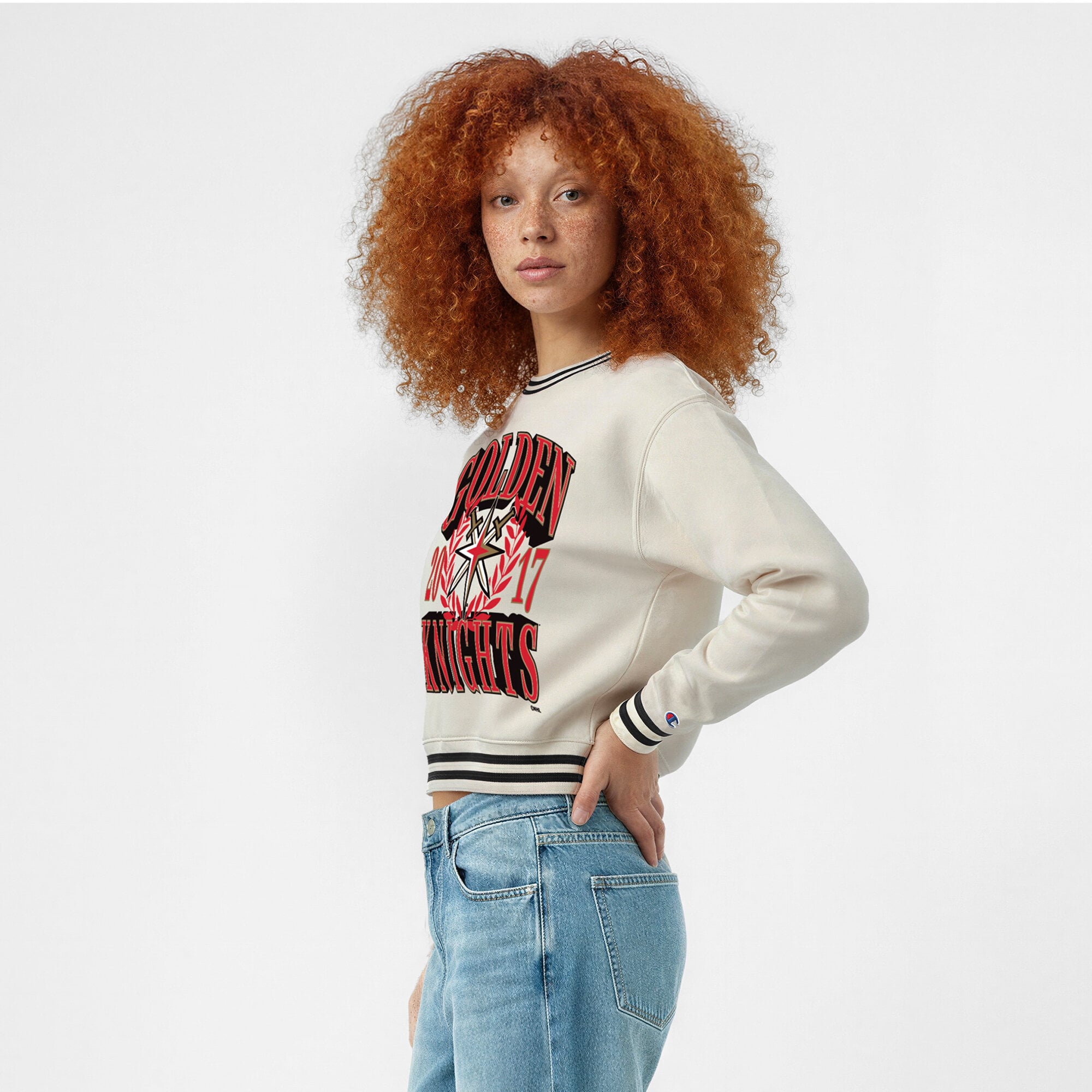 Sweat-shirt Champion Cream Vegas Golden Knights Bold Laurels pour femme, en fil tissé inversé.