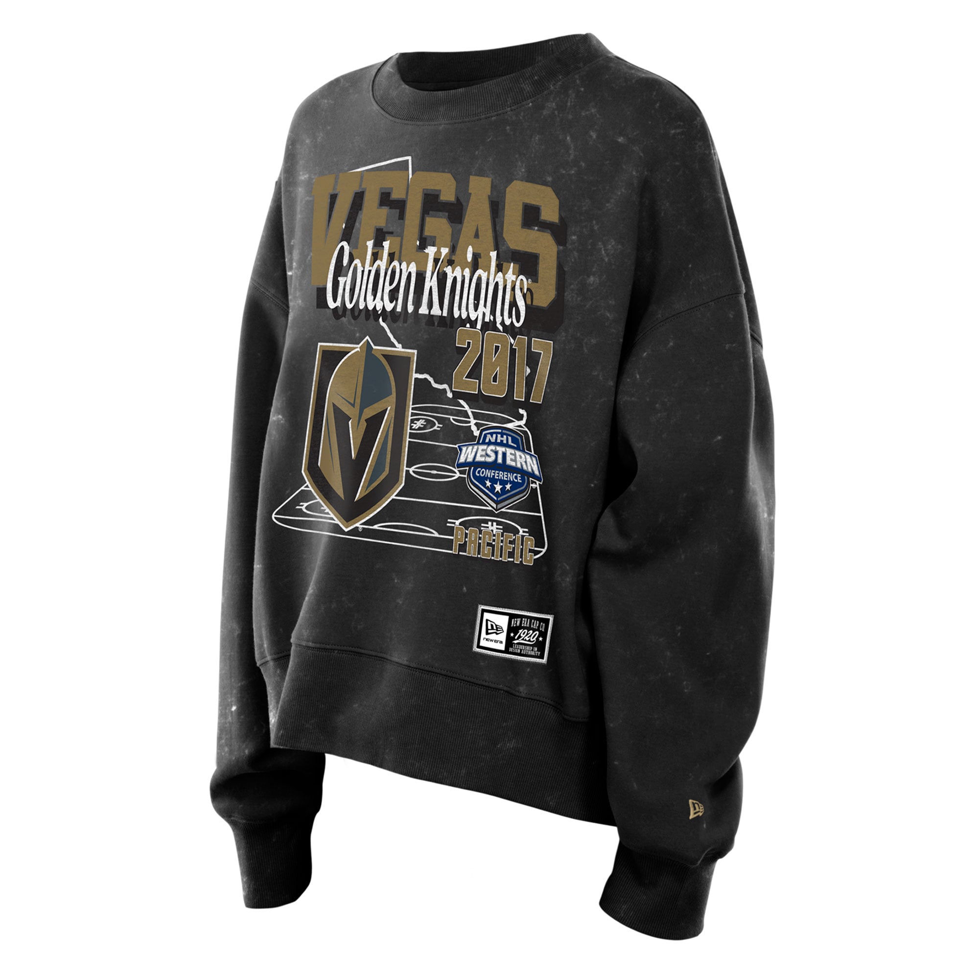 Sweat-shirt à col rond New Era noir Vegas Golden Knights Throwback en molleton délavé l'huile minérale pour femme