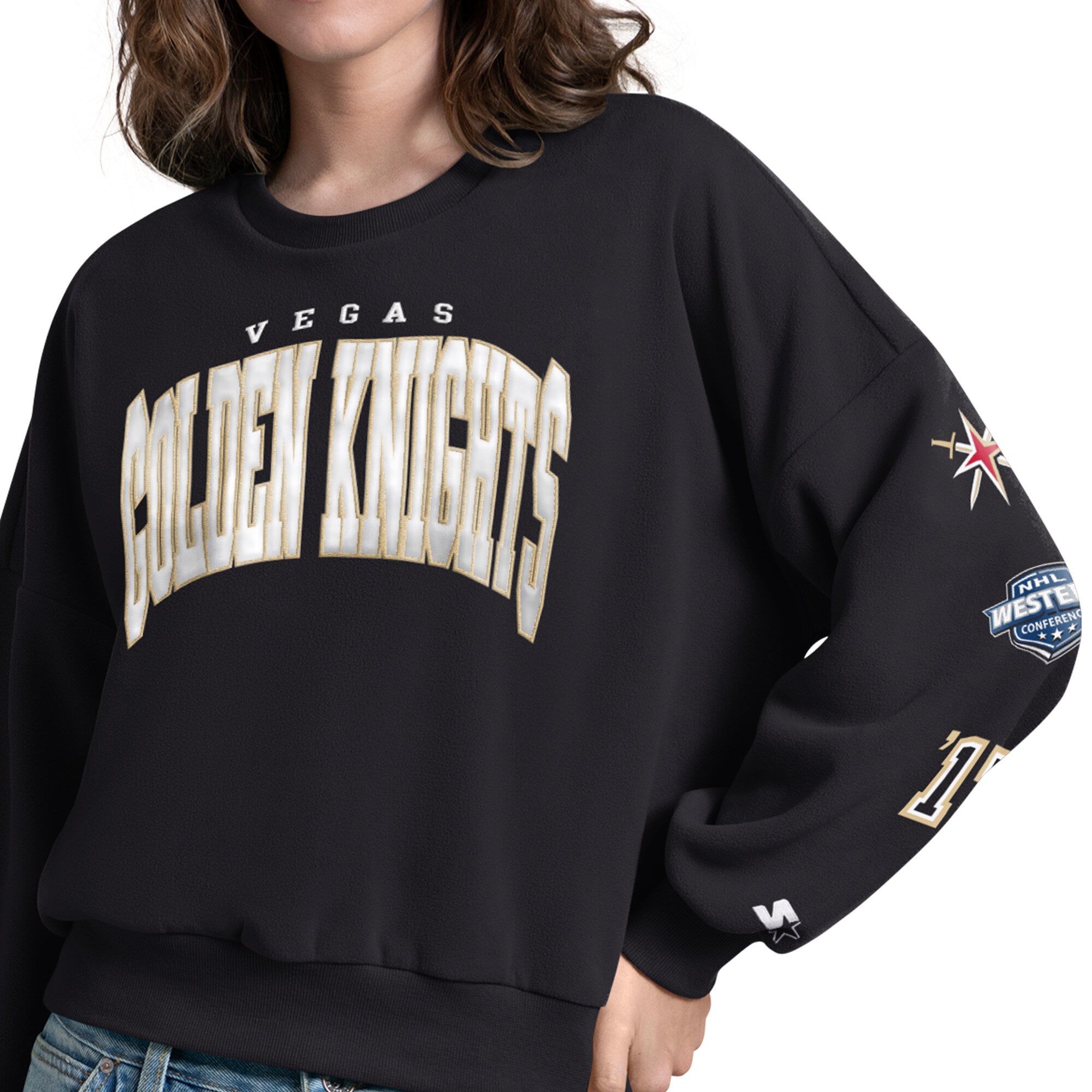 Sweat-shirt Starter noir pour femme, motif appliqué Vegas Golden Knights, manches courtes.