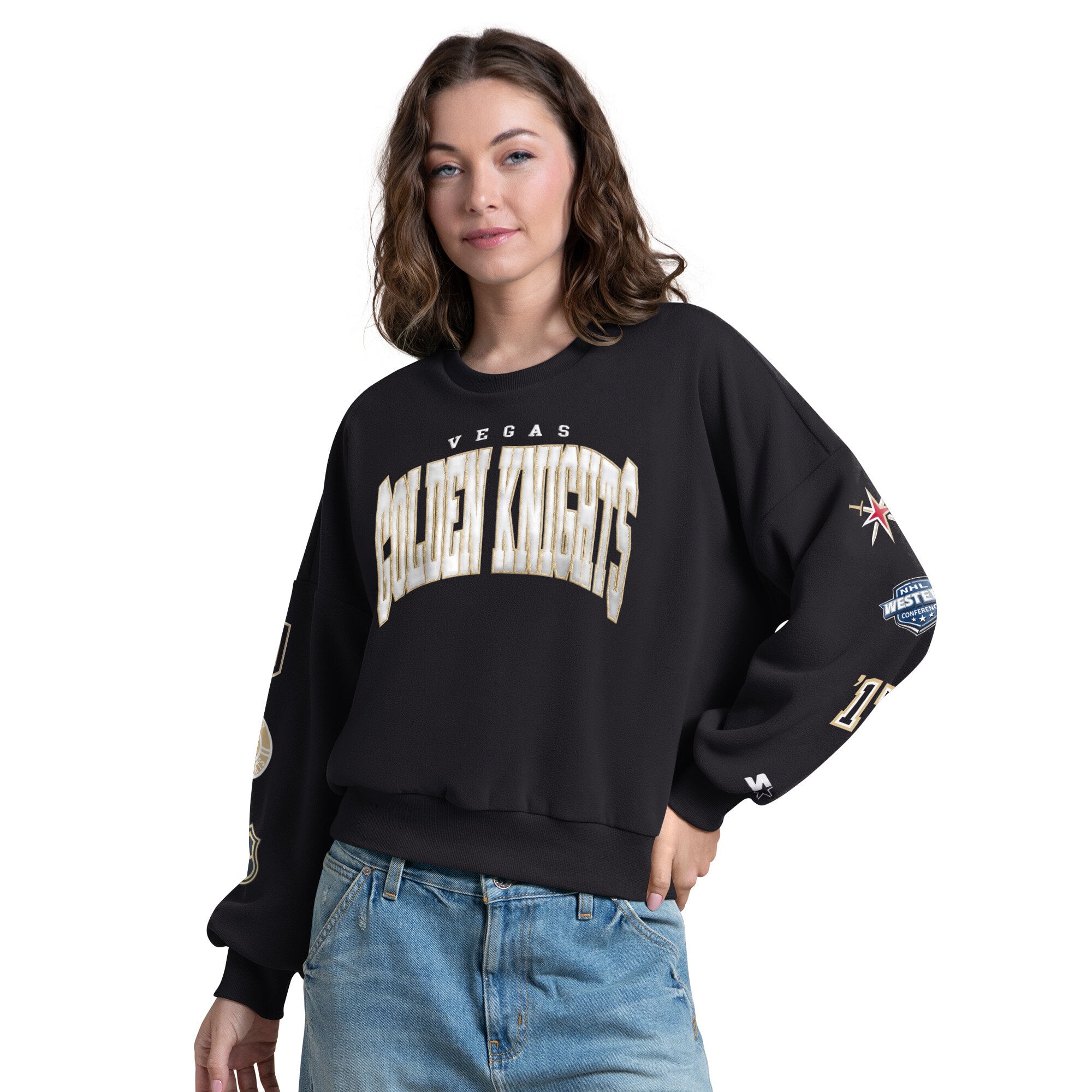 Sweat-shirt Starter noir pour femme, motif appliqué Vegas Golden Knights, manches courtes.