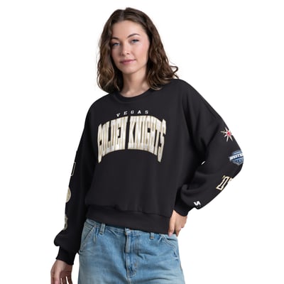 Women's Vegas Golden Knights Starter Black Fan Catch Applique Sleeve Print Sweatshirt