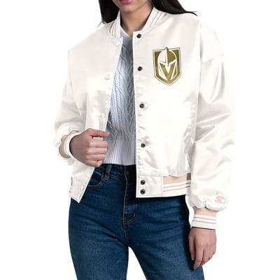 Vegas Golden Knights Starter Women's Fashion Script Satin Full-Snap Varsity Jacket - Cream