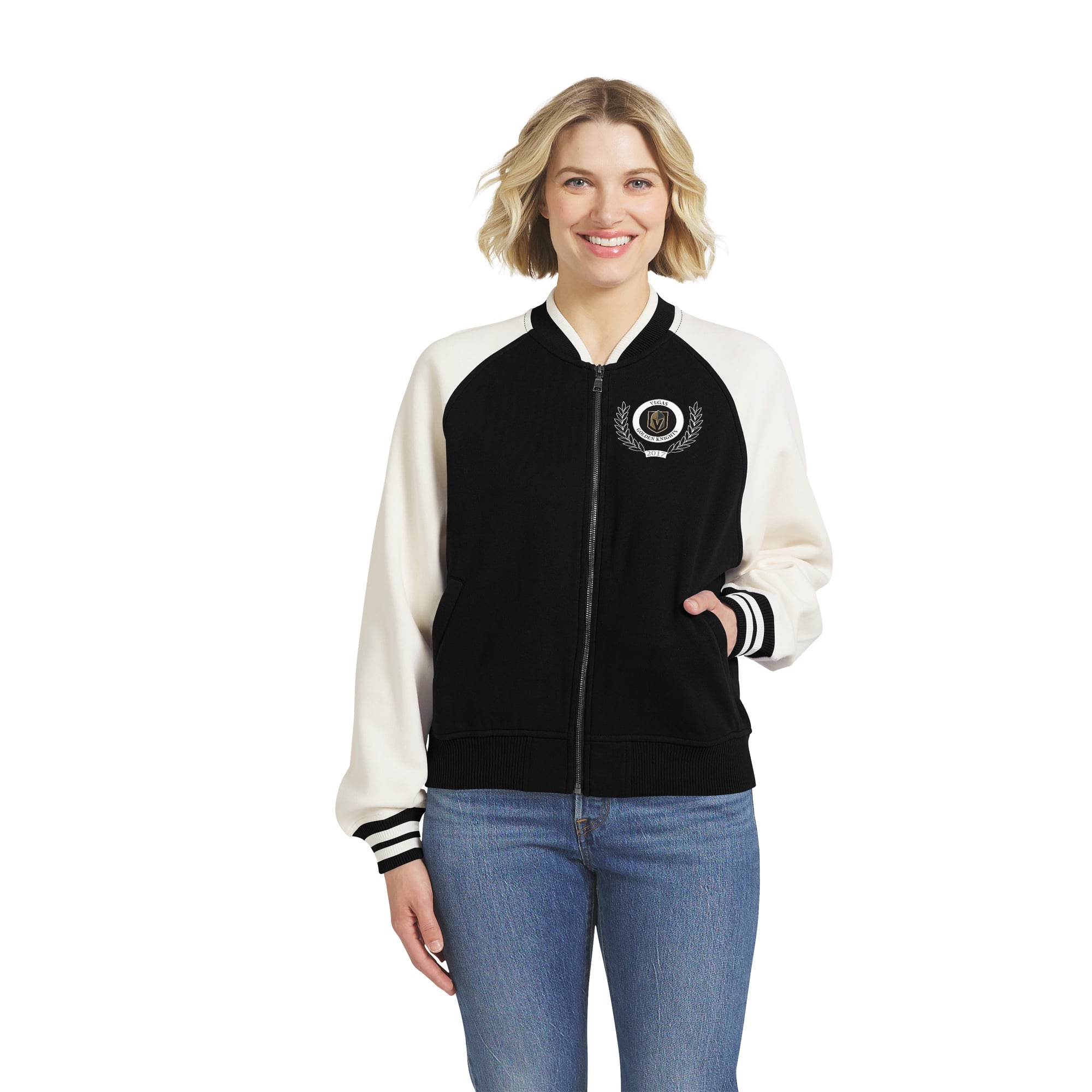 Women's WEAR by Erin Andrews Black/White Vegas Golden Knights Fleece Varsity Full-Zip Jacket