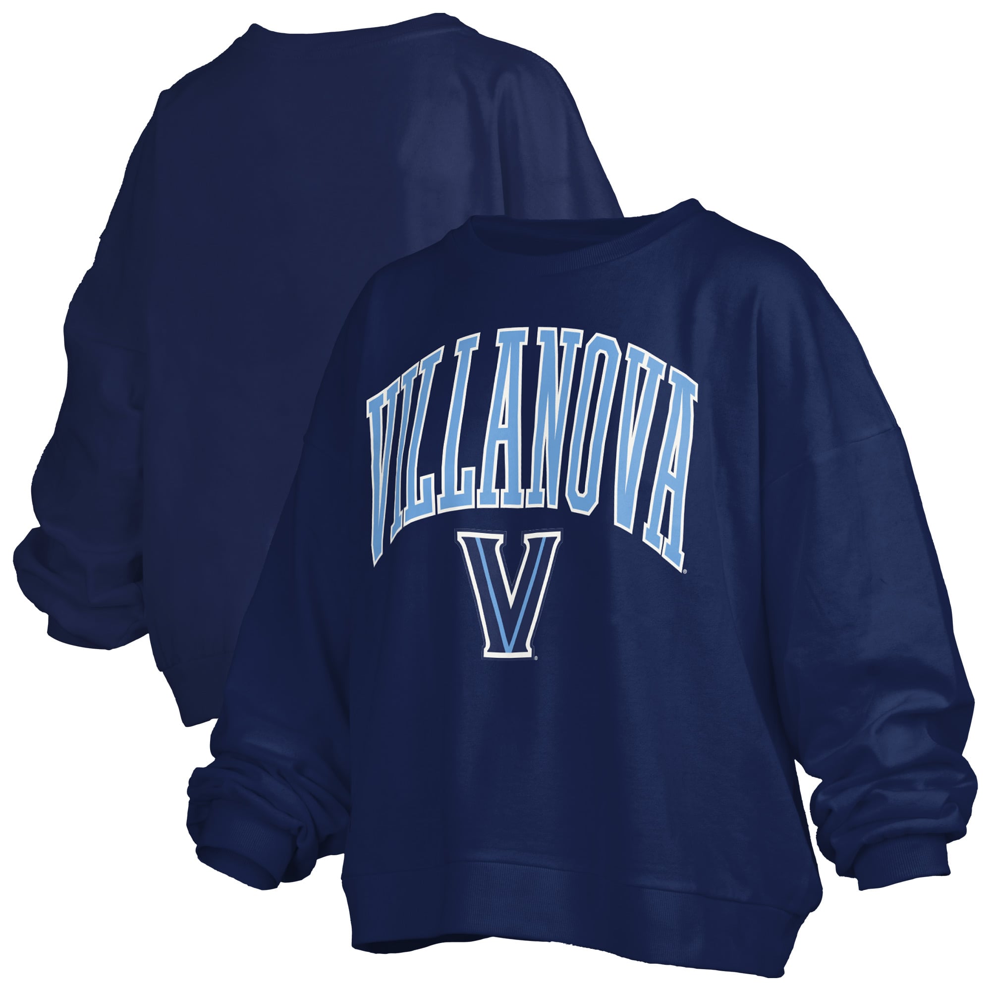 Women's Pressbox Navy Villanova Wildcats Oversized Janise Arch Over Logo Fleece Sweatshirt