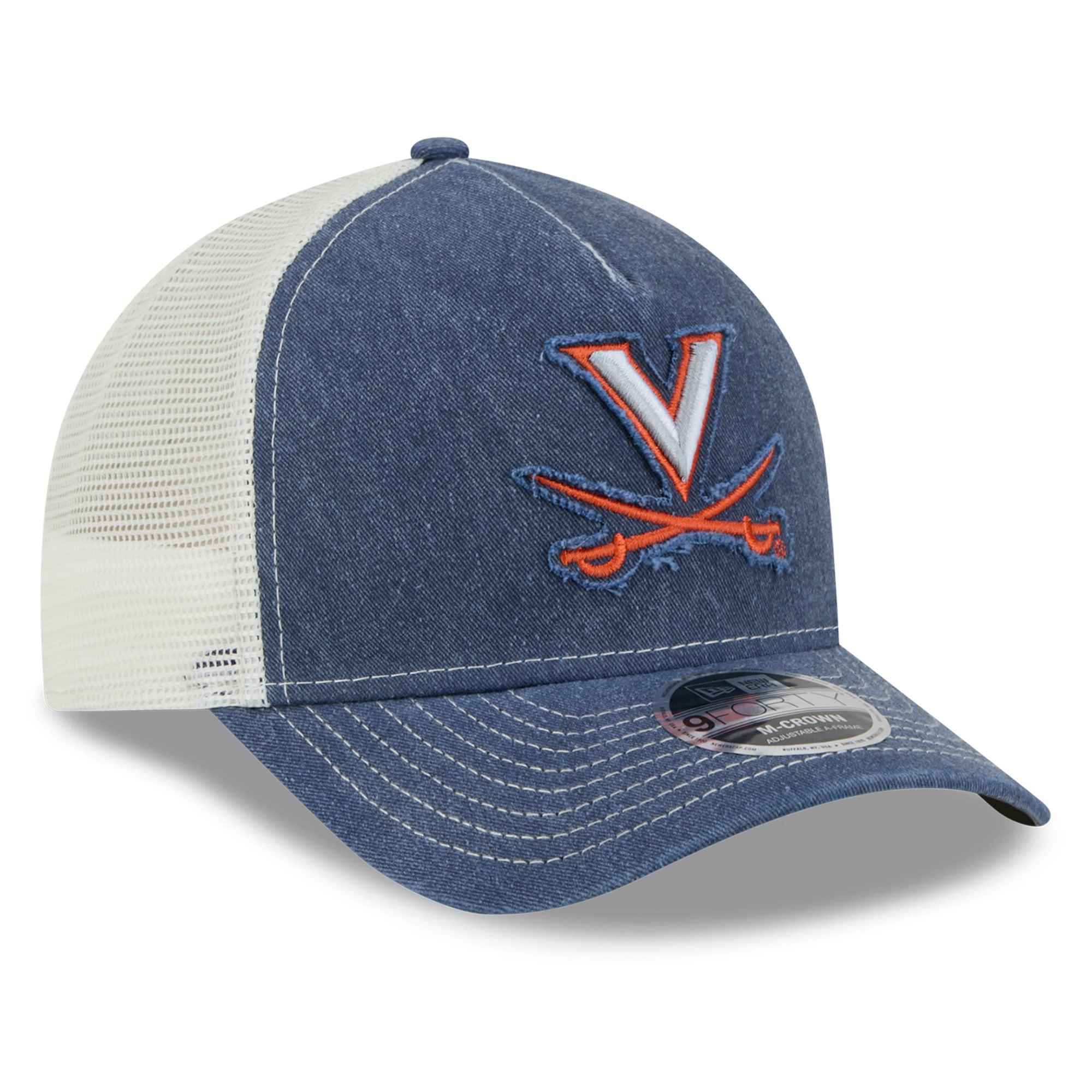 Casquette trucker unisexe New Era bleu marine Virginia Cavaliers, modèle A-Frame délavé 9FORTY, ajustable