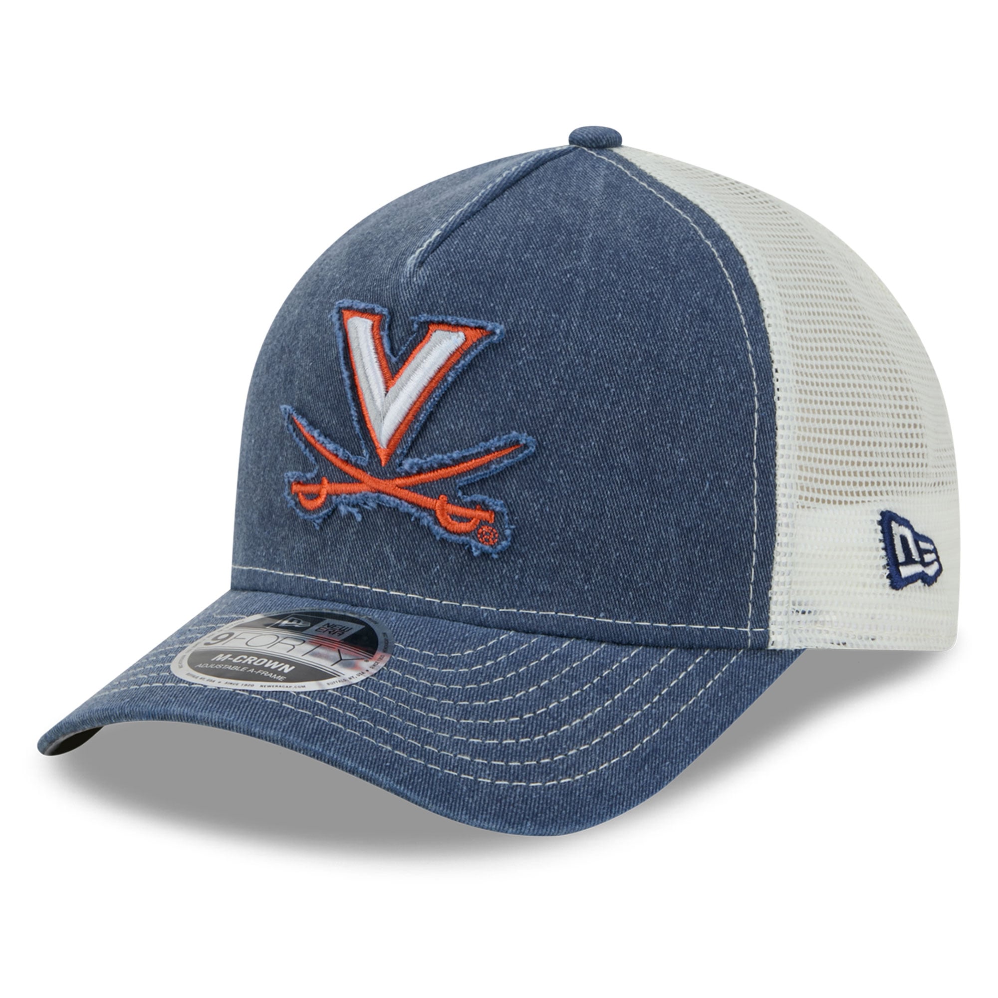 Casquette trucker unisexe New Era bleu marine Virginia Cavaliers, modèle A-Frame délavé 9FORTY, ajustable