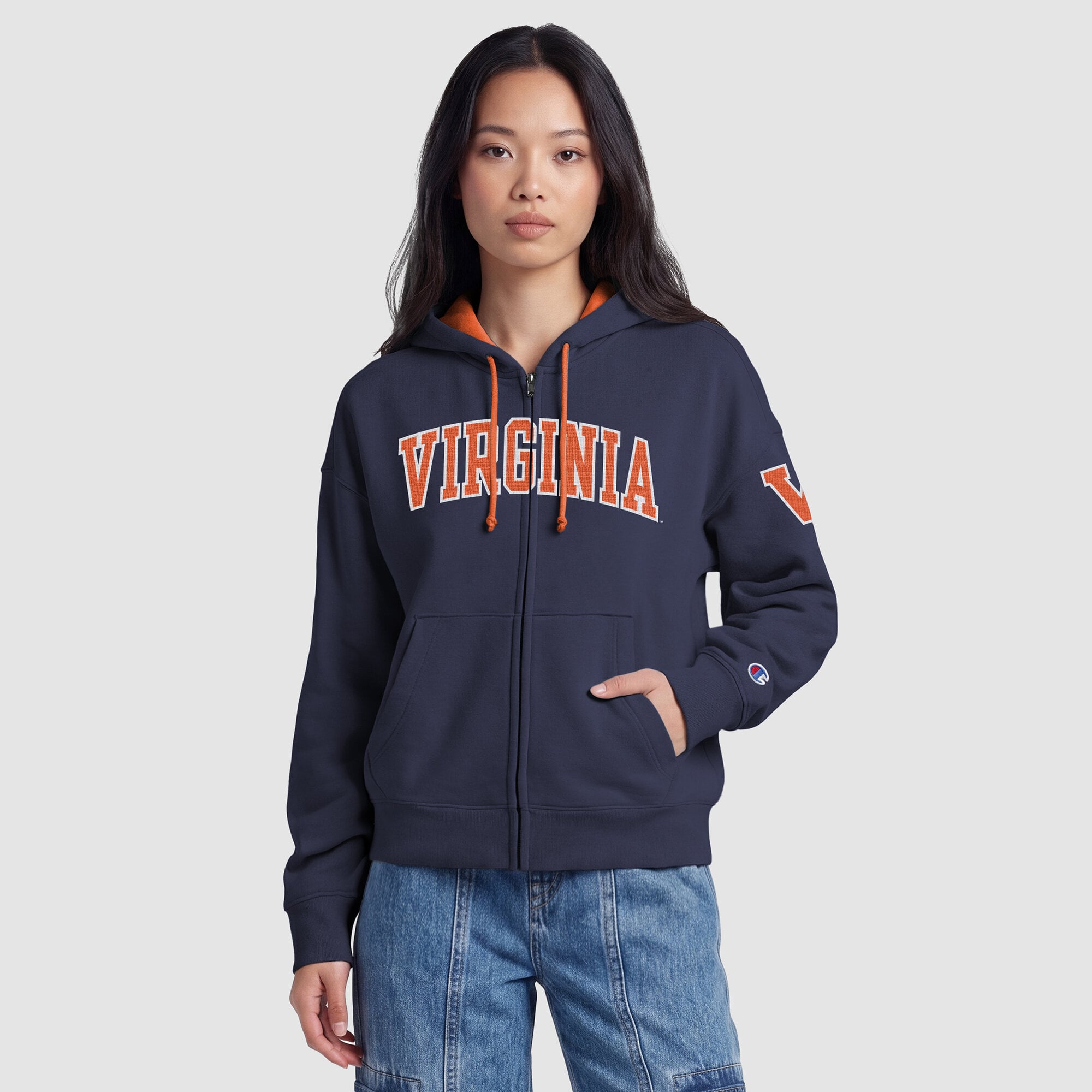 Sweat à capuche zippé en polaire Champion Navy Virginia Cavaliers Arch pour femme