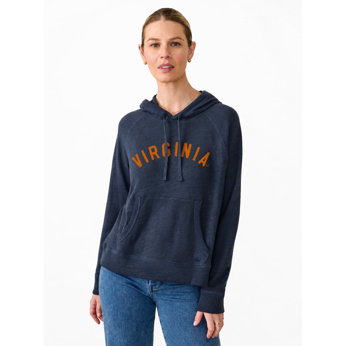 Sweat à capuche FAHERTY bleu marine Virginia Cavaliers pour femme, en tissu flammé délavé.