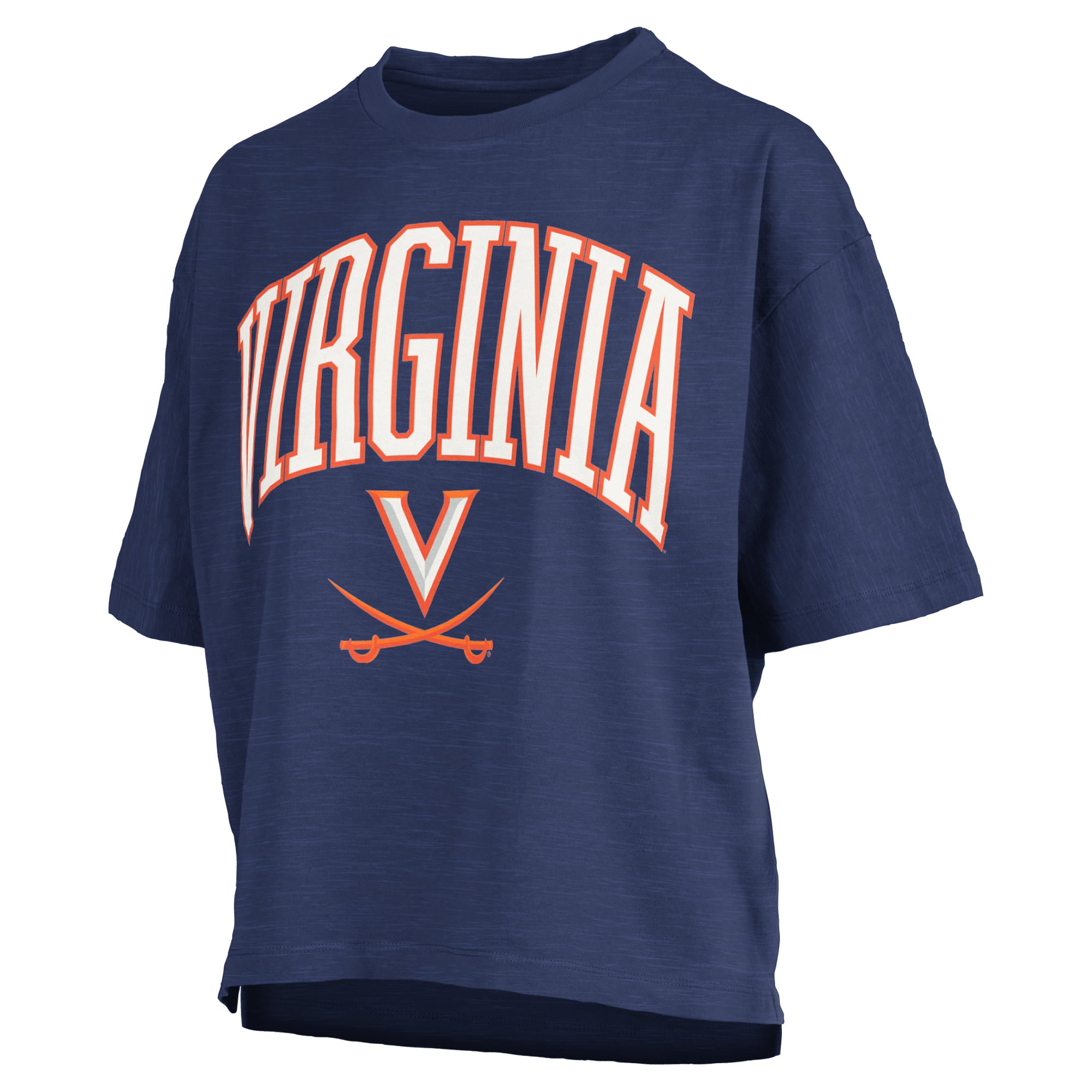 T-shirt oversize Pressbox Navy Virginia Cavaliers pour femme, logo Nelson Arch Over, en tissu flammé.