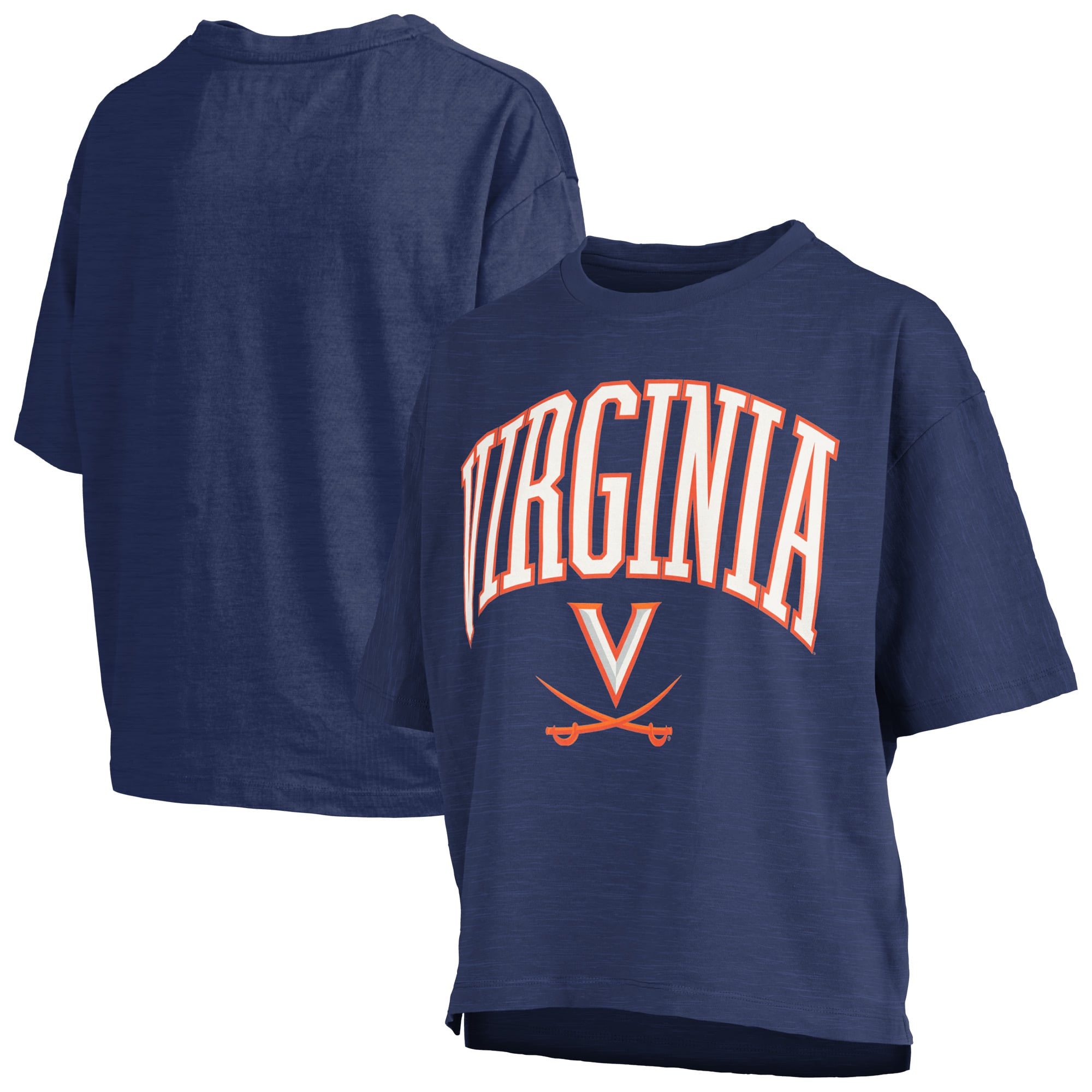T-shirt oversize Pressbox Navy Virginia Cavaliers pour femme, logo Nelson Arch Over, en tissu flammé.