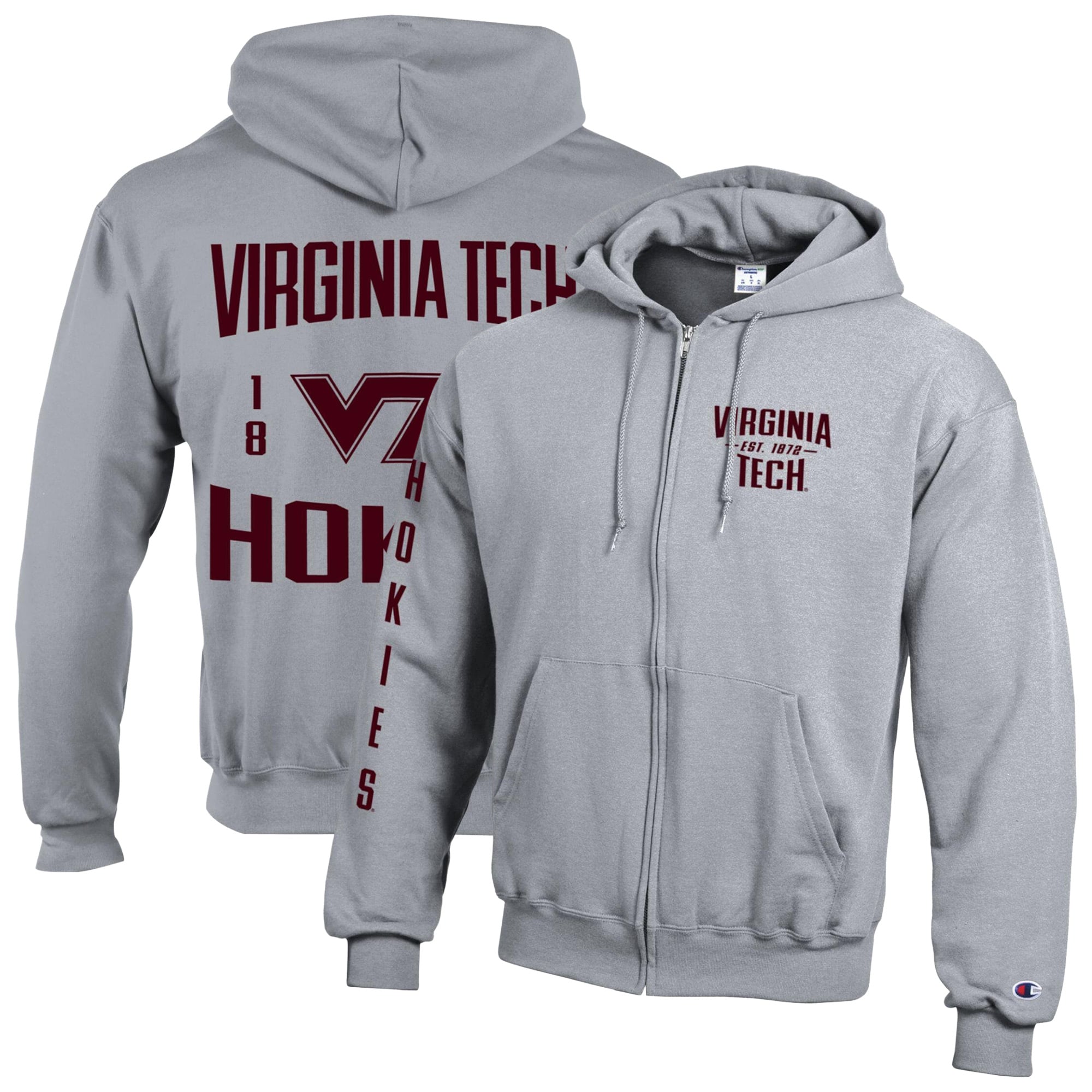 Men's Champion Heather Gray Virginia Tech Hokies Varsity Powerblend Full-Zip Fleece Hoodie