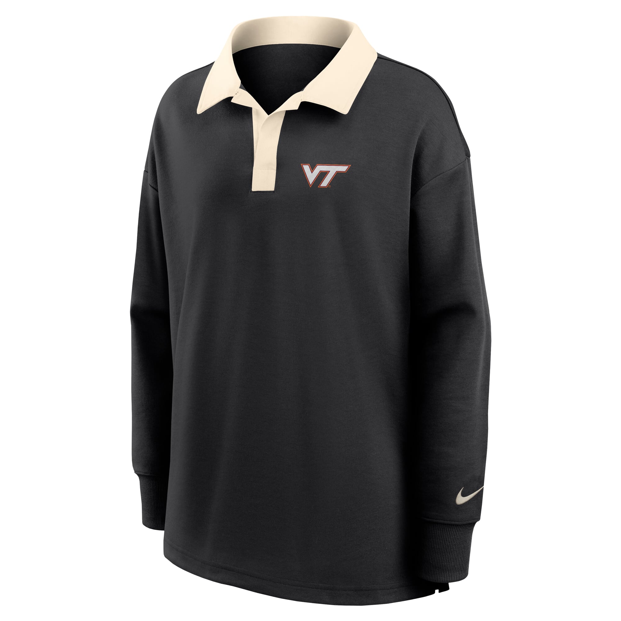 Polo Nike noir Virginia Tech Hokies pour femme, coupe oversize, manches longues, col en V, technologie Dri-FIT.