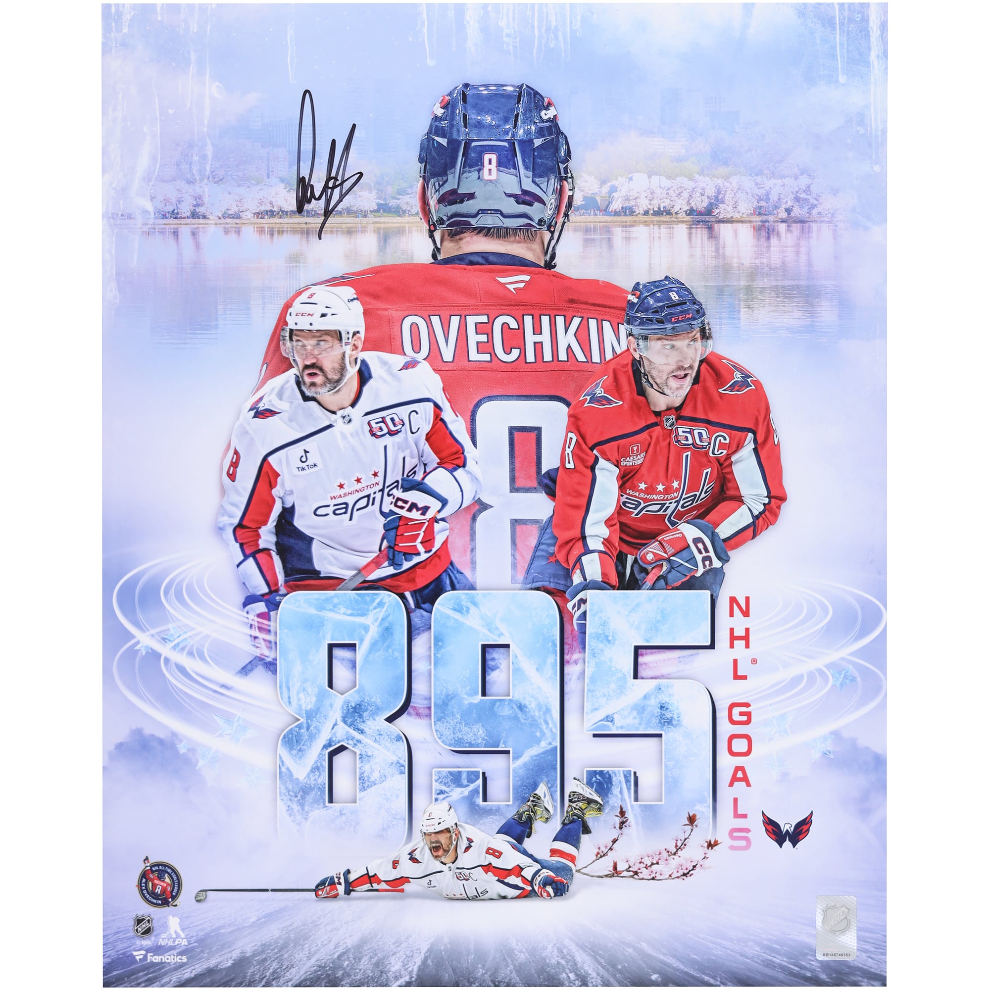 Photo stylisée autographiée d'Alexander Ovechkin, joueur des Capitals de Washington, marquant son 895e but (40,6 x 50,8 cm).