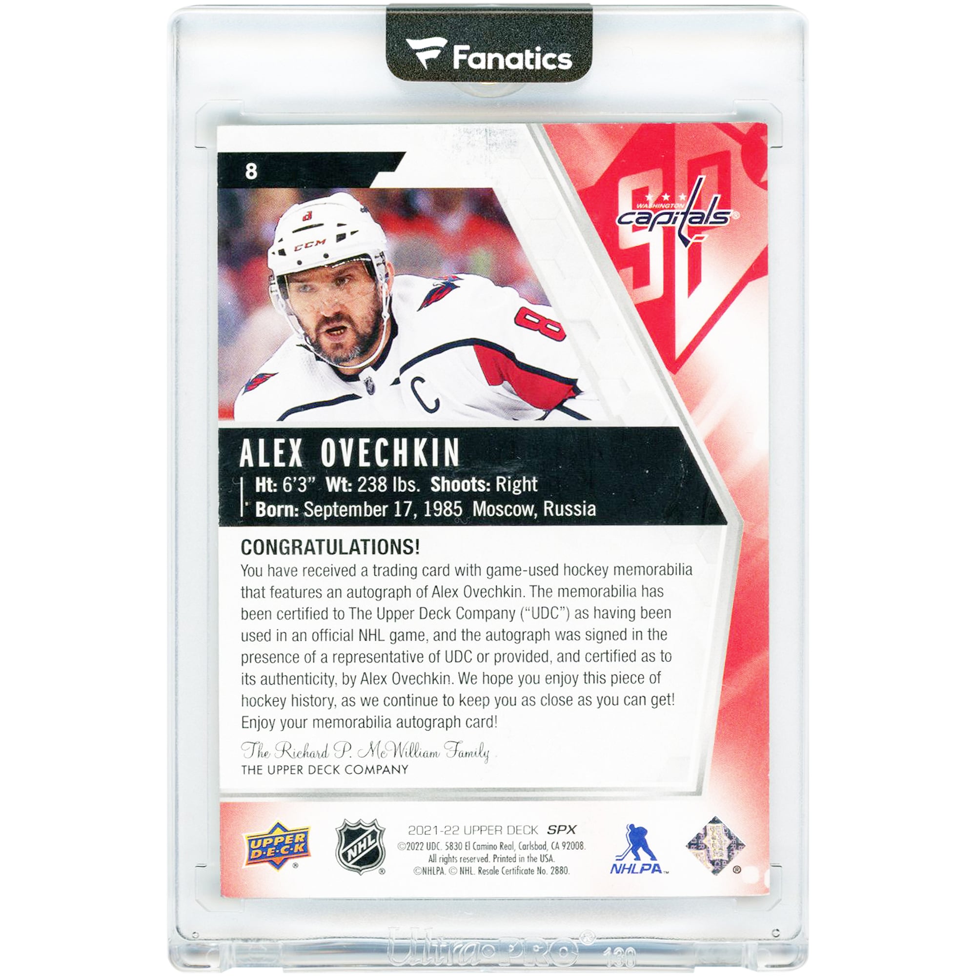 Carte autographiée Alexander Ovechkin des Capitals de Washington, saison 2021-2022, Upper Deck SPX Dual-Color Game-Used Relic, n° 8, n° 1/5