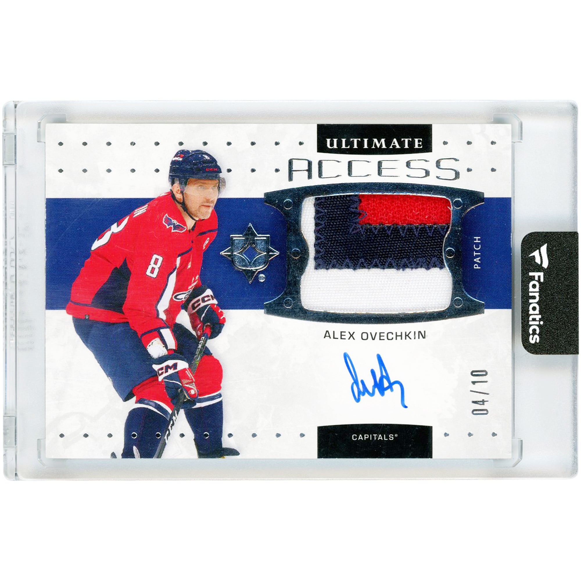 Carte autographiée Alexander Ovechkin des Capitals de Washington, saison 2024-25, Upper Deck Ultimate Tri-Color Game Used Relic #UA-AO #4/10