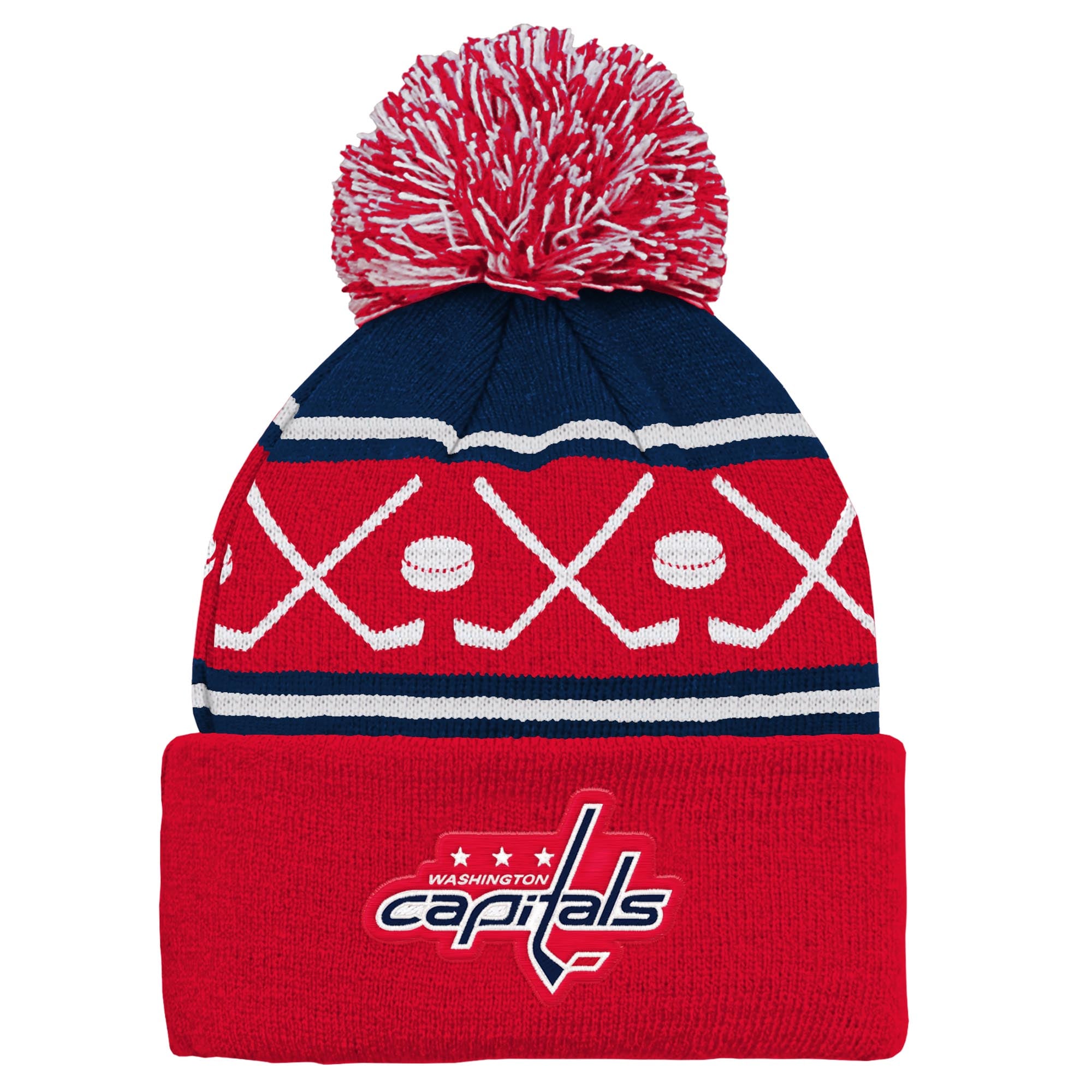 Bonnet en tricot à revers et pompon pour bébé, motif Washington Capitals Face-Off, rouge