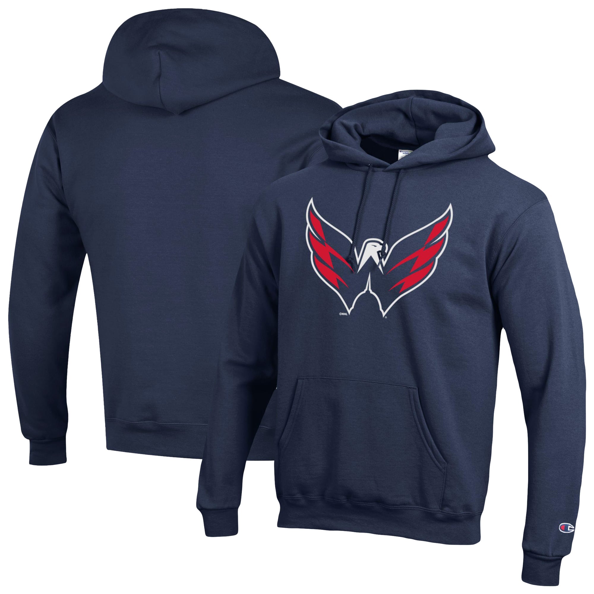 Sweat à capuche Champion Navy pour homme avec logo principal des Capitals de Washington, 1-Hit