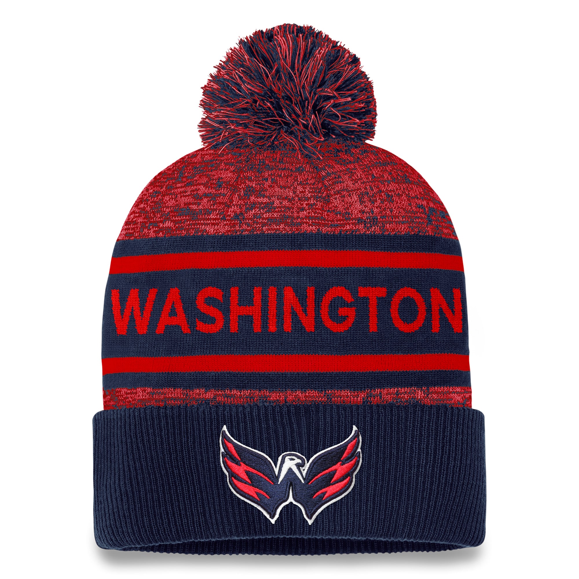 Bonnet en tricot à revers authentique Pro Fanatics pour hommes bleu marine/rouge Washington Capitals avec pompon