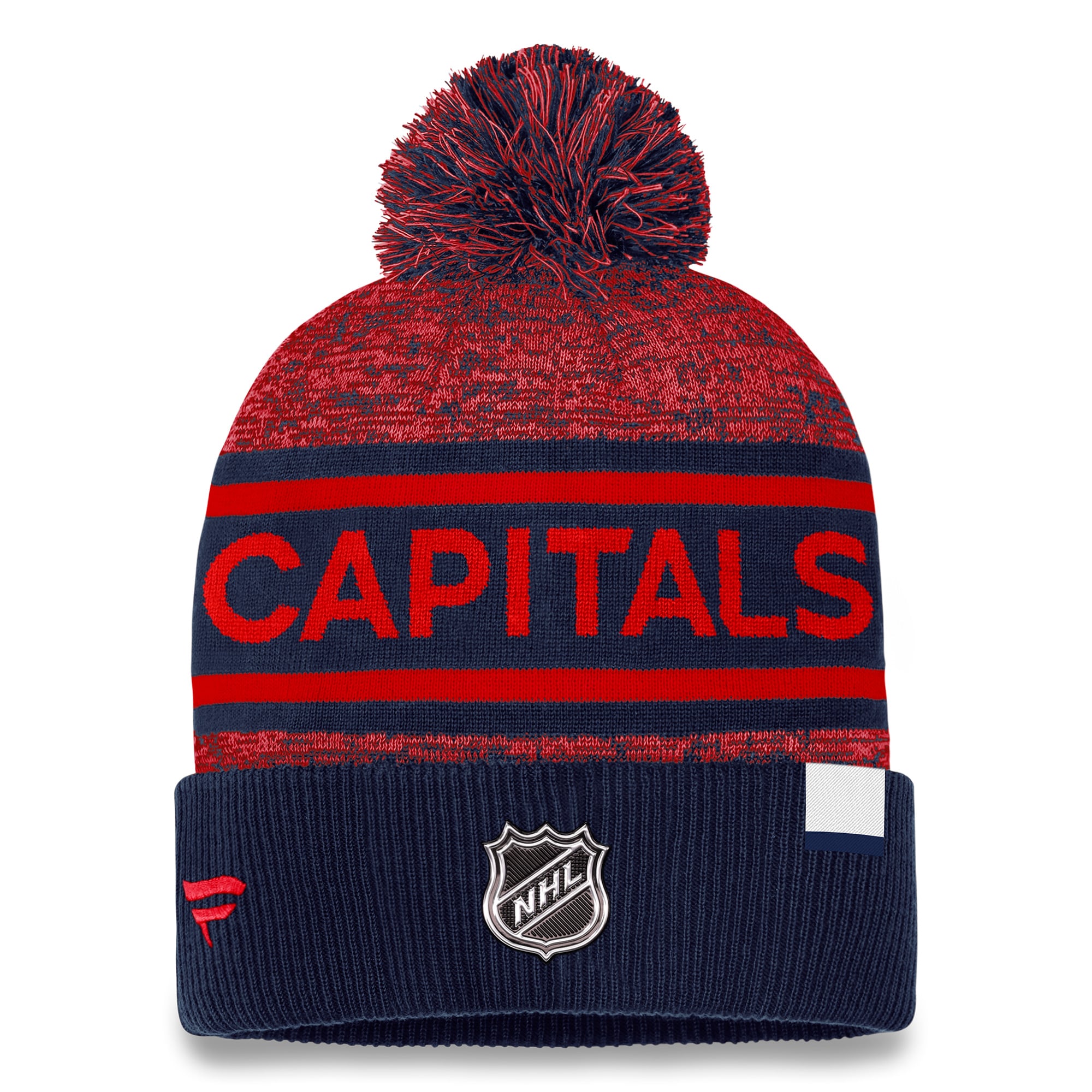 Bonnet en tricot à revers authentique Pro Fanatics pour hommes bleu marine/rouge Washington Capitals avec pompon